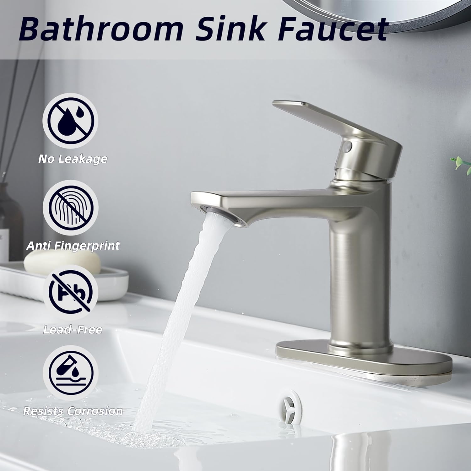 BELZ Brushed Nickel Bathroom Faucet, Modern Single Handle One Hole Bath Vanity Sink Faucet with Pop Up Drain and Deck Plate for 1 or 3 Holes - Image 7