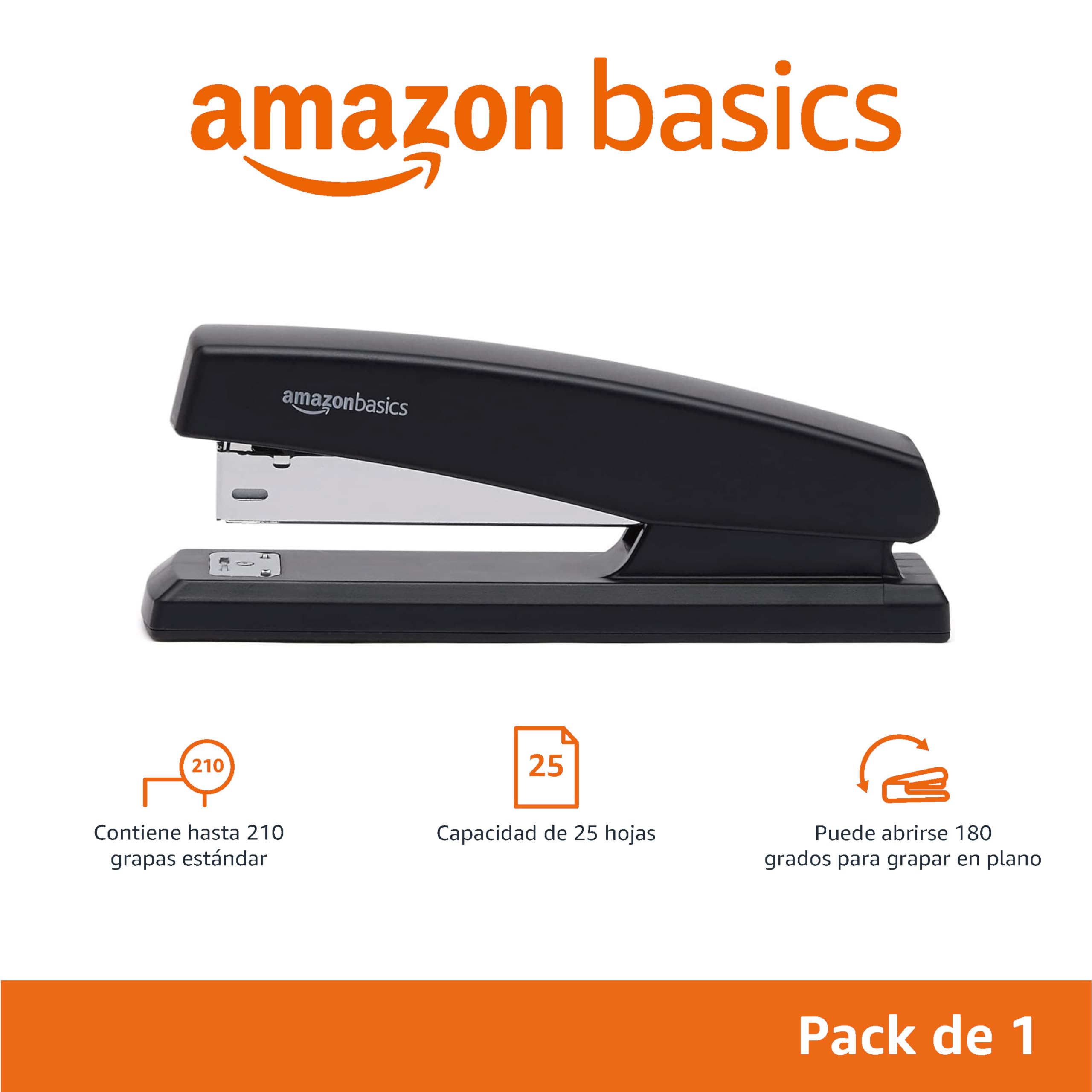 Amazon Basics Grapadora con 1000 Grapas, Capacidad para 25 Hojas, Base de Goma Antideslizante, para Uso Doméstico, Oficina, Negro
