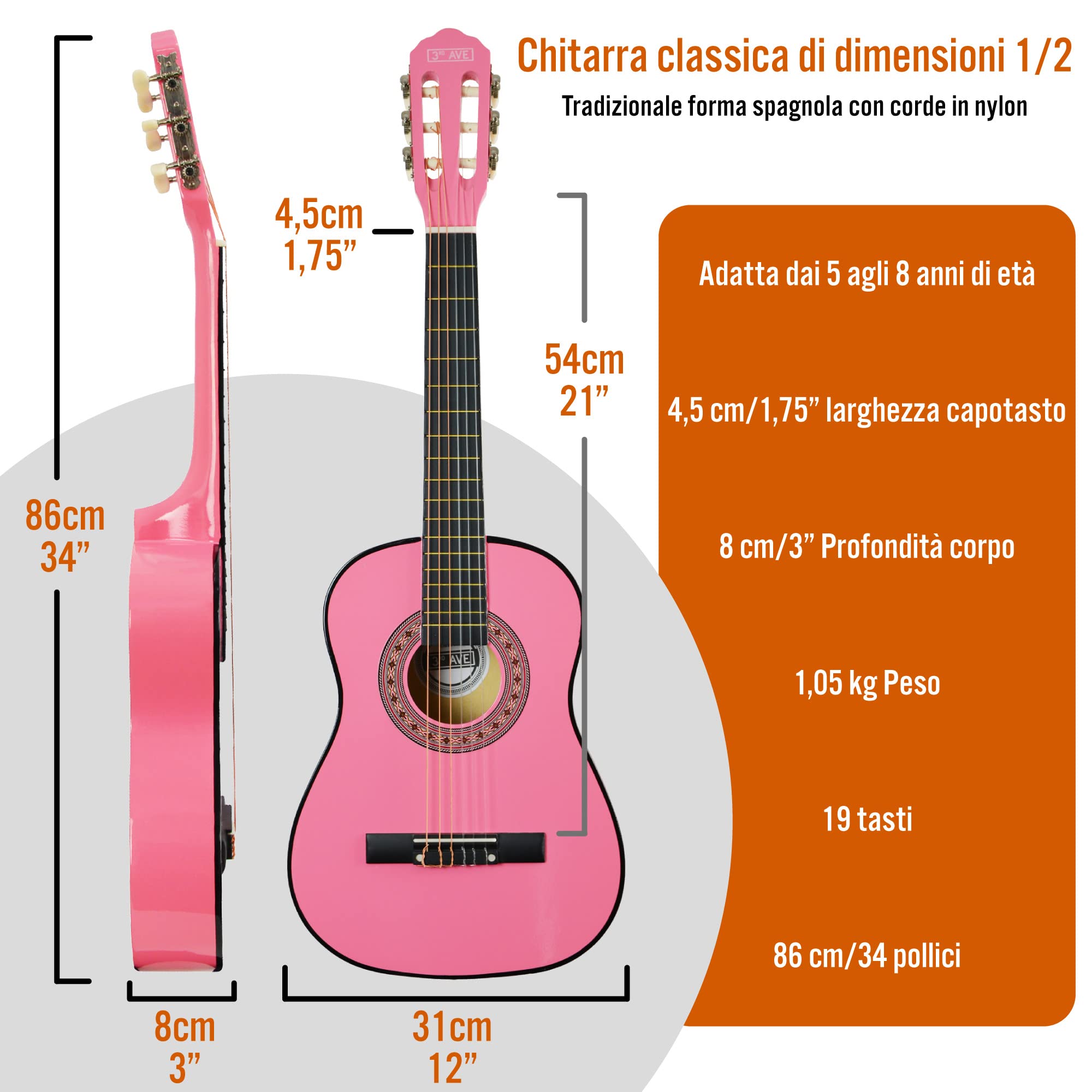 3rd Avenue Pacchetto Per Principianti Con Corde In Nylon Spagnole Per Chitarra Classica Da 1/2 Misura Per Bambini – 6 Mesi Di Lezioni Gratuite, Borsa, Corde – Rosa
