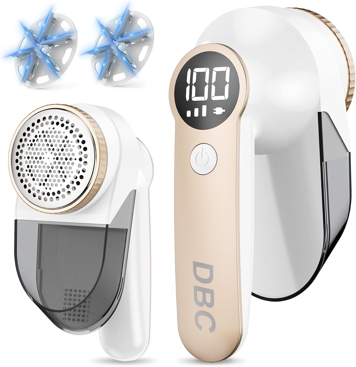 Afeitadora de telas con caja de pelusa separada, pantalla LED, potente motor de 15000 rpm, cuchillas de 6 hojas, quitapelusas eléctrico de 3 velocidades para suéter, ropa, sofá, muebles, sofá - Dorado y blanco | para suéter, ropa, sofá, muebles, sofá | Pantalla LED, potente motor de 15000 rpm, cuchillas de 6 hojas, 3 velocidades, dorado y blanco