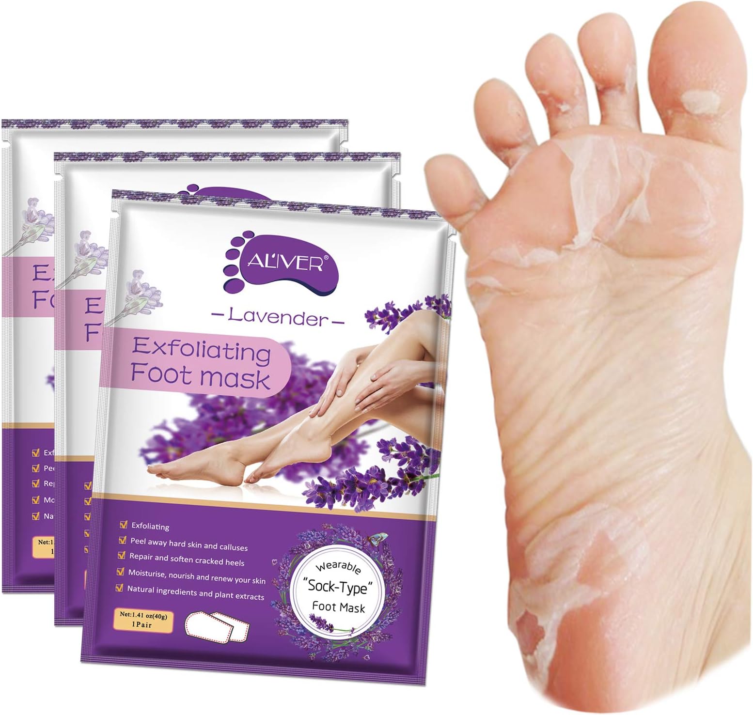 (3 Pairs) Foot Mask Remove Dead Skin and Cutin of Old Cocoon, Get Soft Feeling In a Week, Smooth Feet, Repair Rough Feet. It Applies to Both Men and Women. (Lavender)