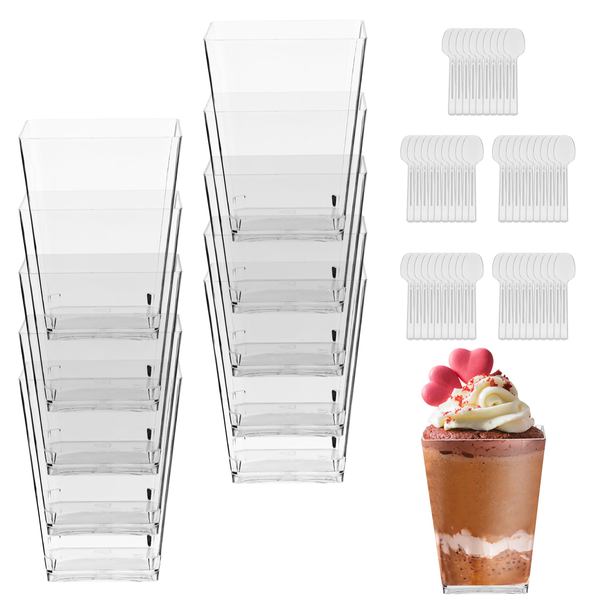 Lot De 50 Verrines En Plastique + 50 Cuillères - 5 Oz / 160 Ml - Transparentes, Réutilisables - Pour Mousses, Desserts, Apéritifs