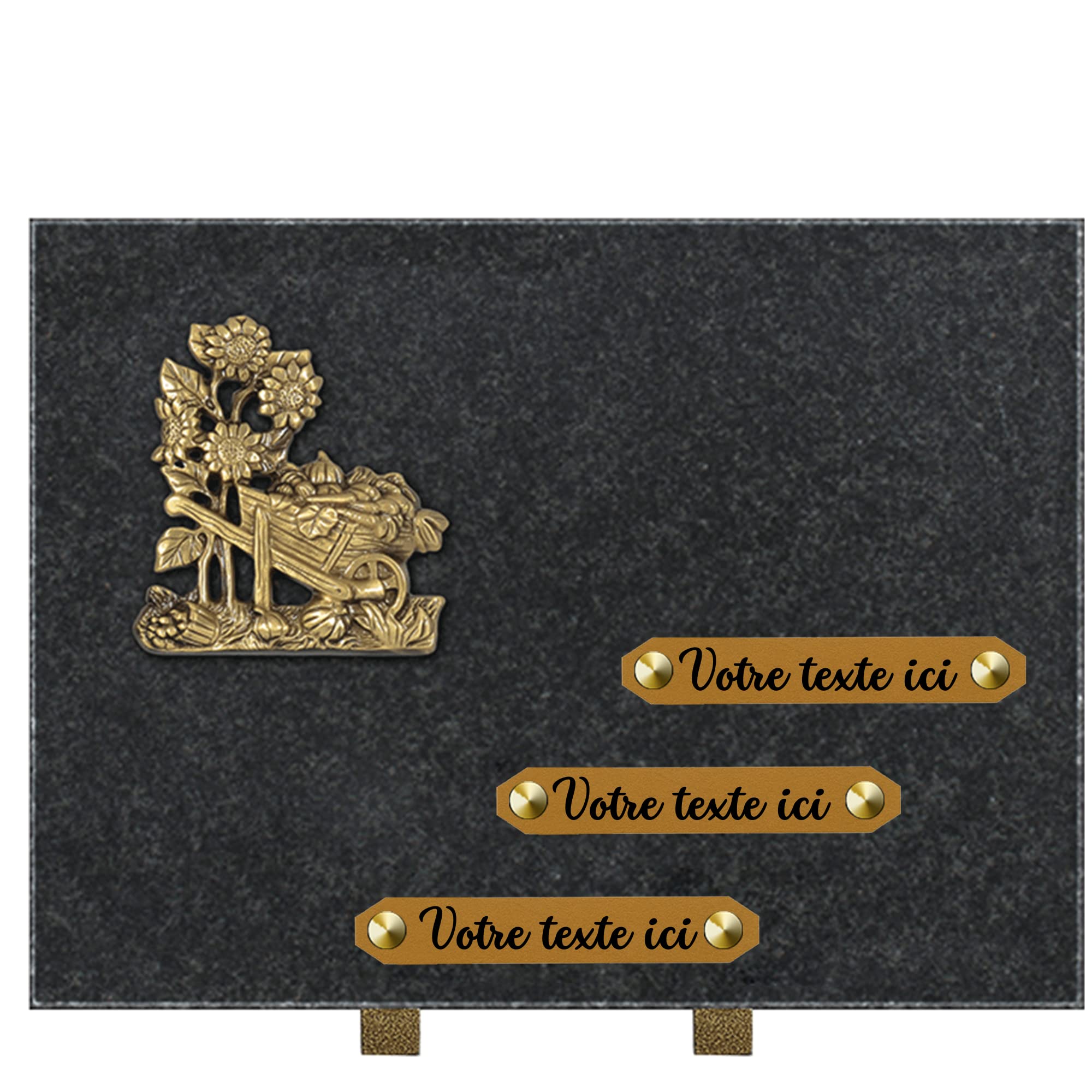 Plaque funéraire personnalisée - Granit - assemblée en France - bronze brouette - H 30 X L 40 cm - 3 textes