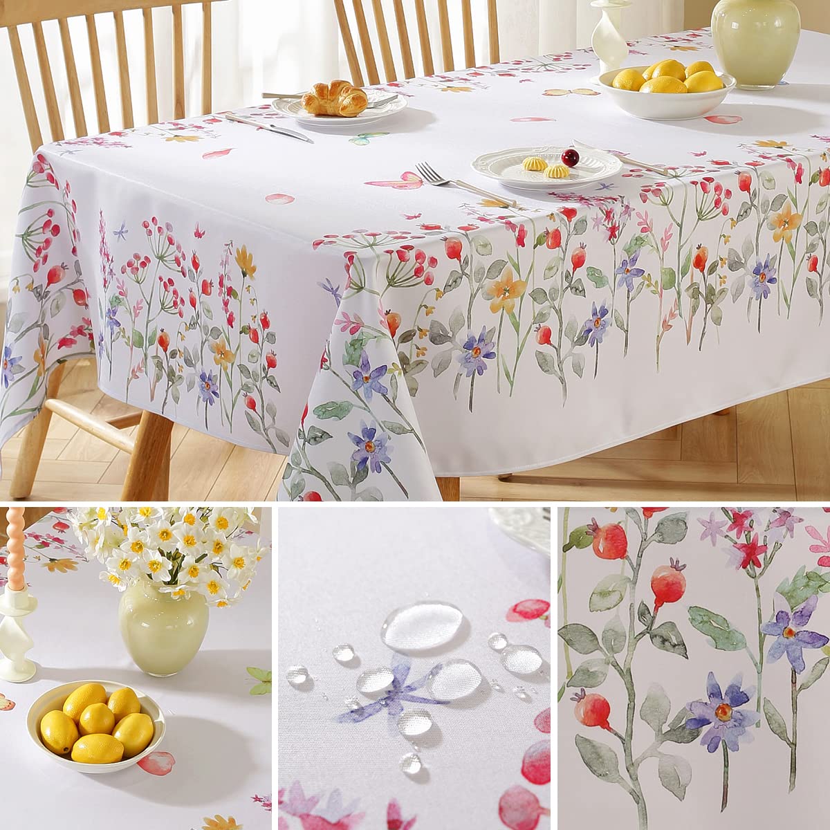SASTYBALE Spring Floral Tablecloth Rectangle Tables,Stain Resistant Table Cover Printed w/Colorful Pastel Blooms,Fabric Cloth Easter/Spring/Picnic (Rectangle,60'' x 120''),Flowers w/Red Fruits - Image 3