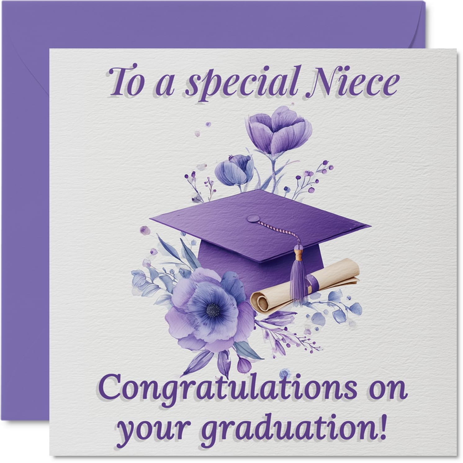 Heartfelt Congratulations Card for Niece - Bursting with Pride - Graduation Cap and Purple Floral Design - Celebrate Her Big Achievement in Style - 145mm Square, Envelope Included
