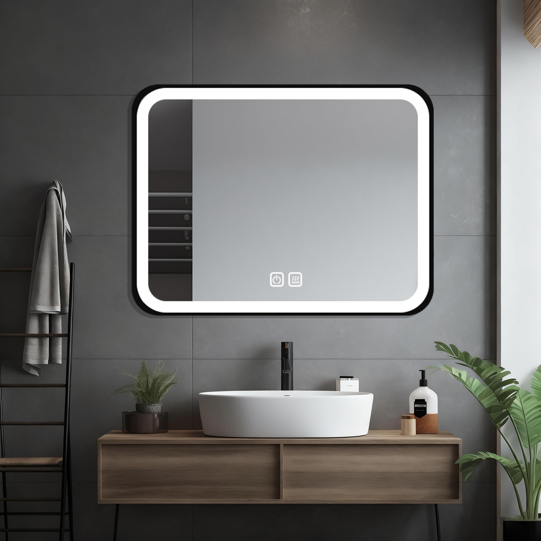 HIGHBATH 60 x 80 cm Large Lighted Vanity Mirror with Dimmable 3 Modes and Demister Pad, LED Makeup Mirror for Bathroom ๏ผ Dressing Room, Tabletop or Wall-Mounted,Horizontal/Vertical, Black