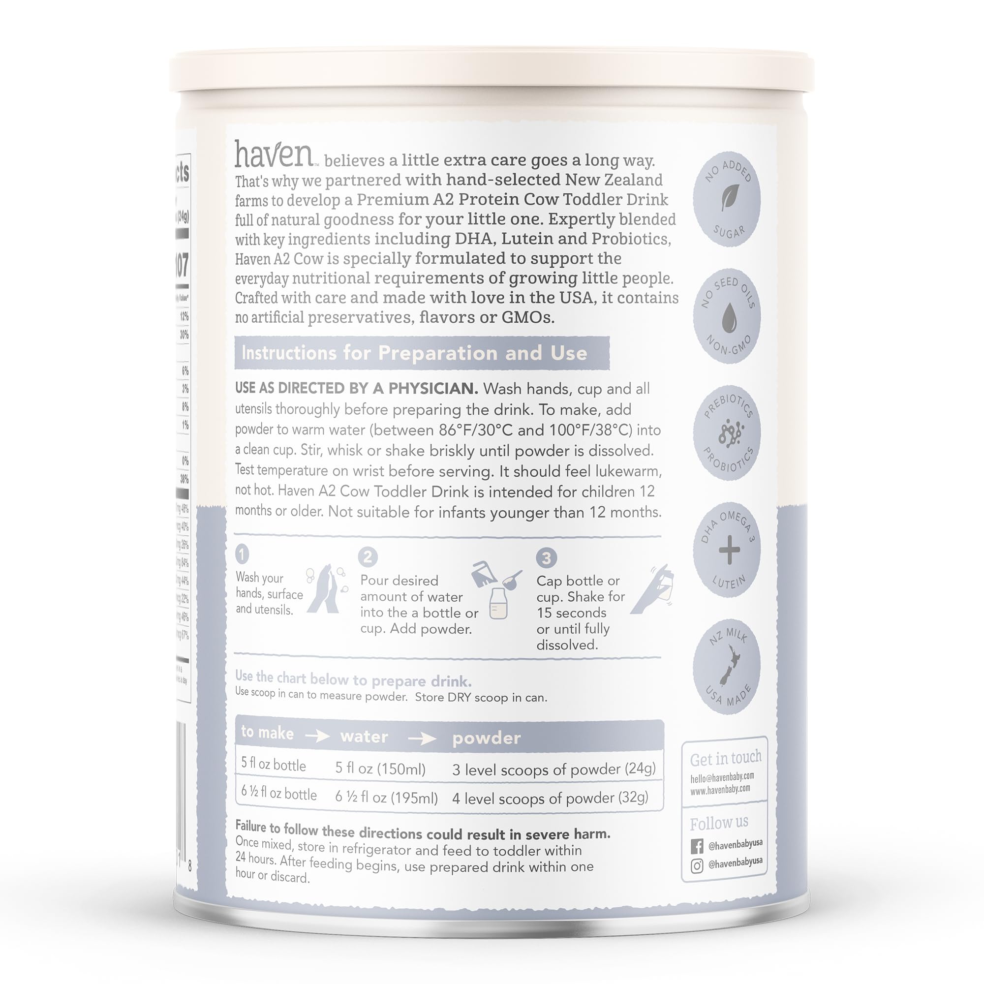 Haven A2 Kuh-Kleinkindformel, Vollmilch, ohne Zuckerzusatz, keine Samenöle, Grasmilch aus Neuseeland, DHA Omega-3, Probiotika und Präbiotika, Lutein, leicht verdaulich, ab 12 Monaten, 400 ml (6er-Pack