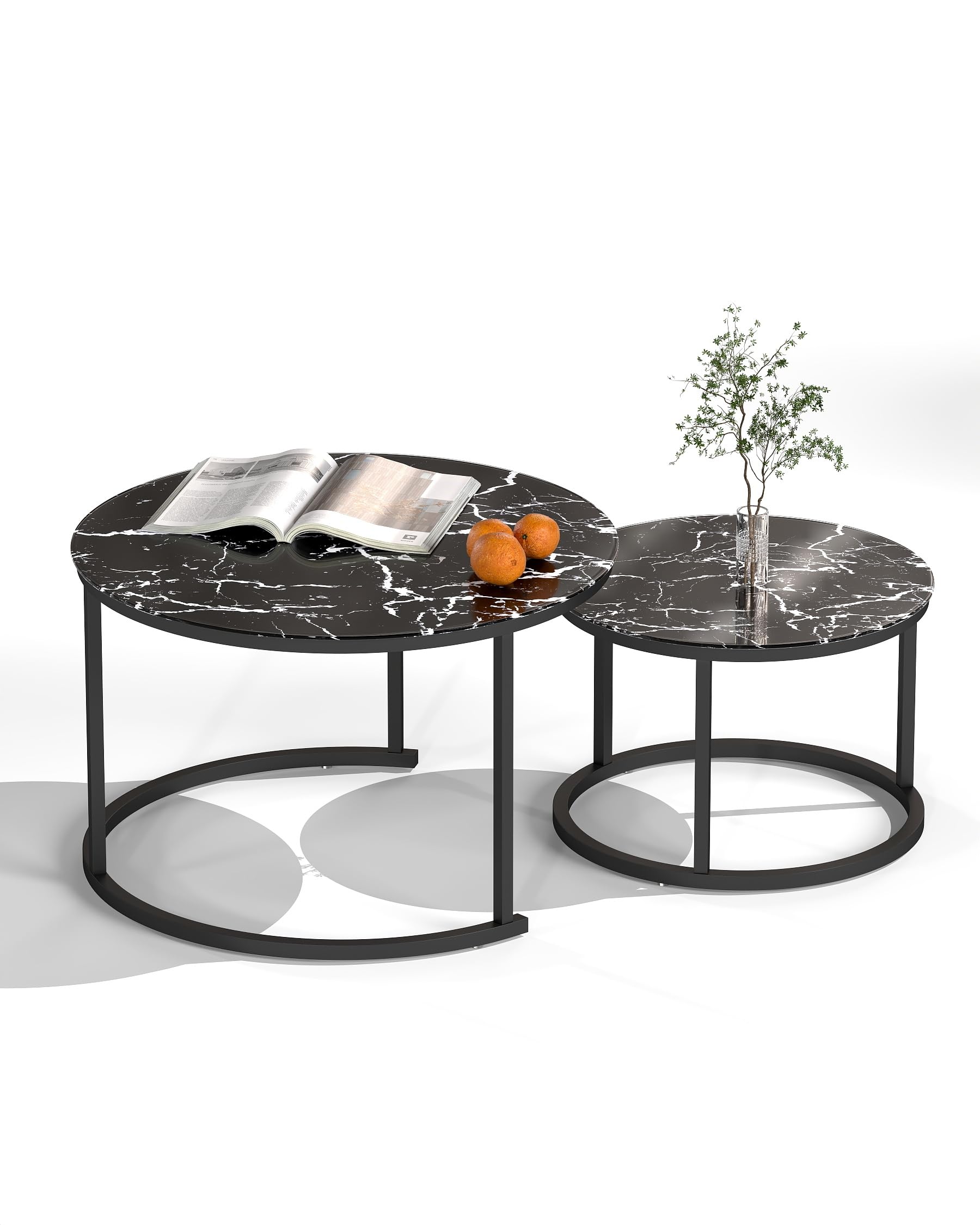 Tavolino Salotto Vetro Rotondo, Tavolo Soggiorno Vetro, Coffee Table 2 pezzi, Tavolino da Salotto Moderno con effetto marmo nero