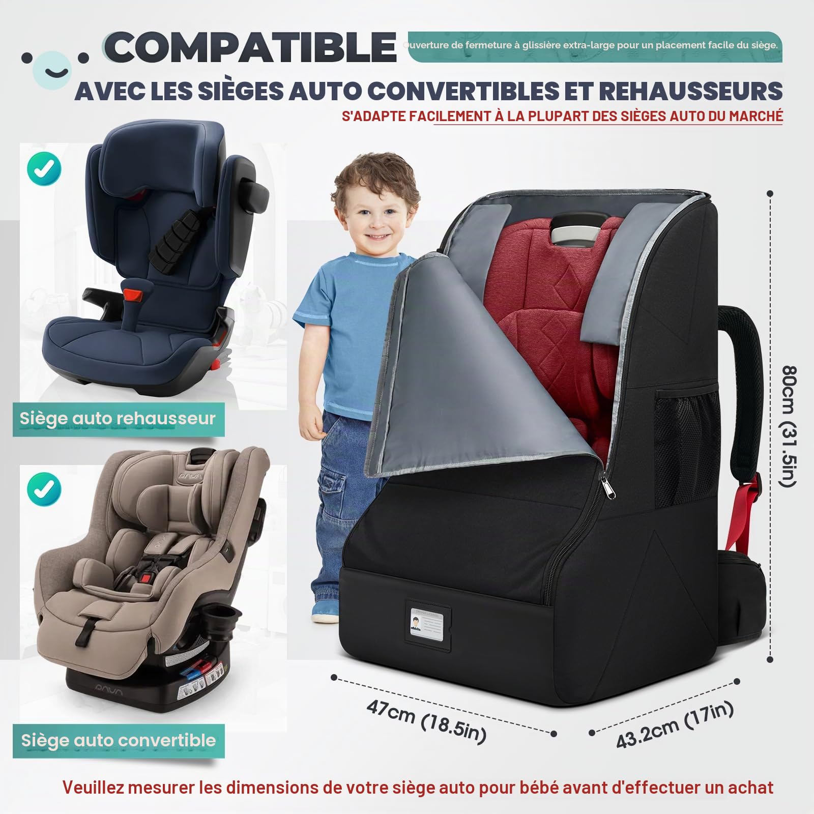RAINSMORE Sac de Voyage pour siège de Voiture, Sac à Dos pour siège Auto, Housse Poussette Avion Rembourrée, Sacs de Siège Auto pour Bébé Étanches et Durables pour Avion Voyage