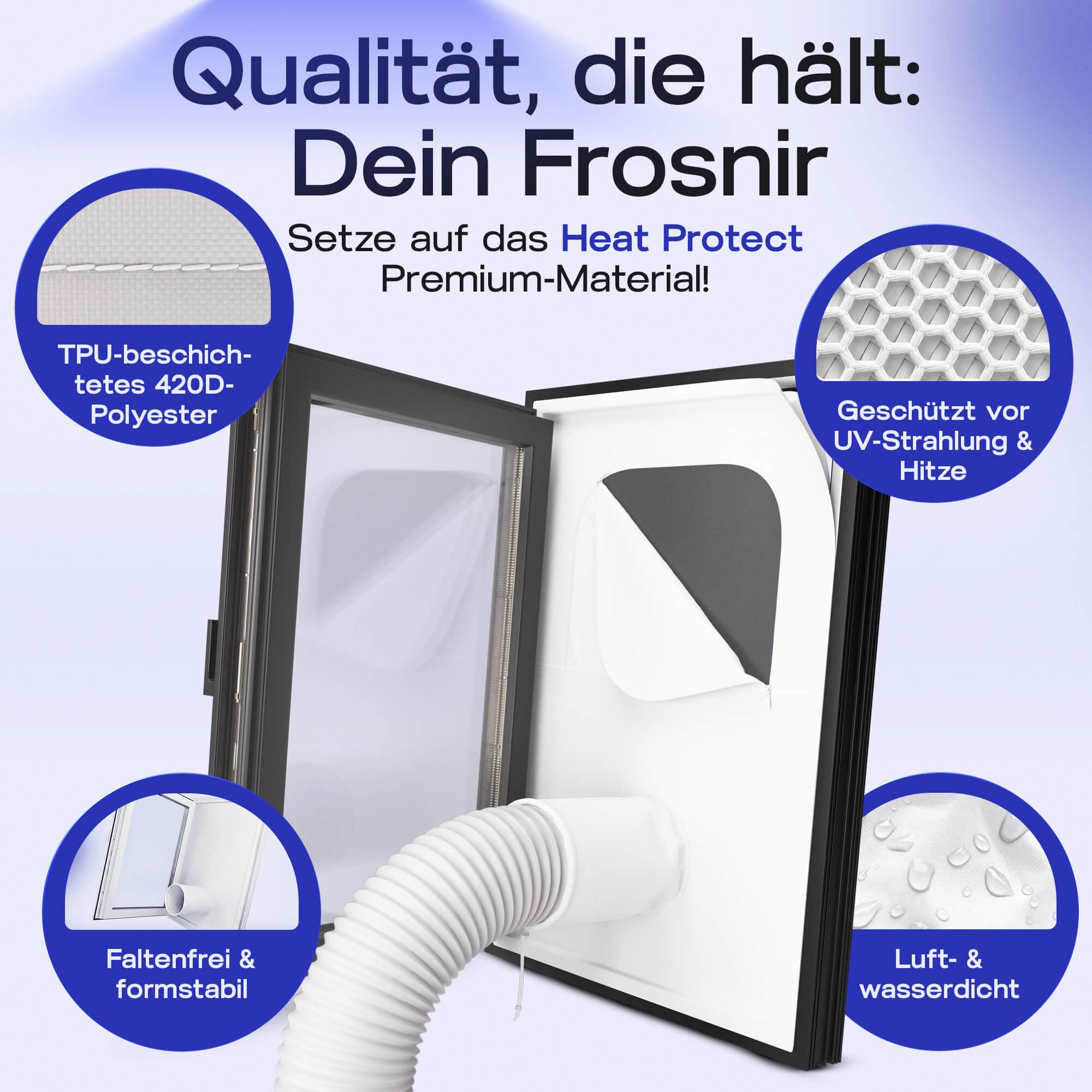 Fensterabdichtung für mobile Klimaanlagen & Klimageräte am Fenster | HeatProtect, Insektengitter, Kippfenster schließbar, Jeder Abluftschlauch, ohne Bohren