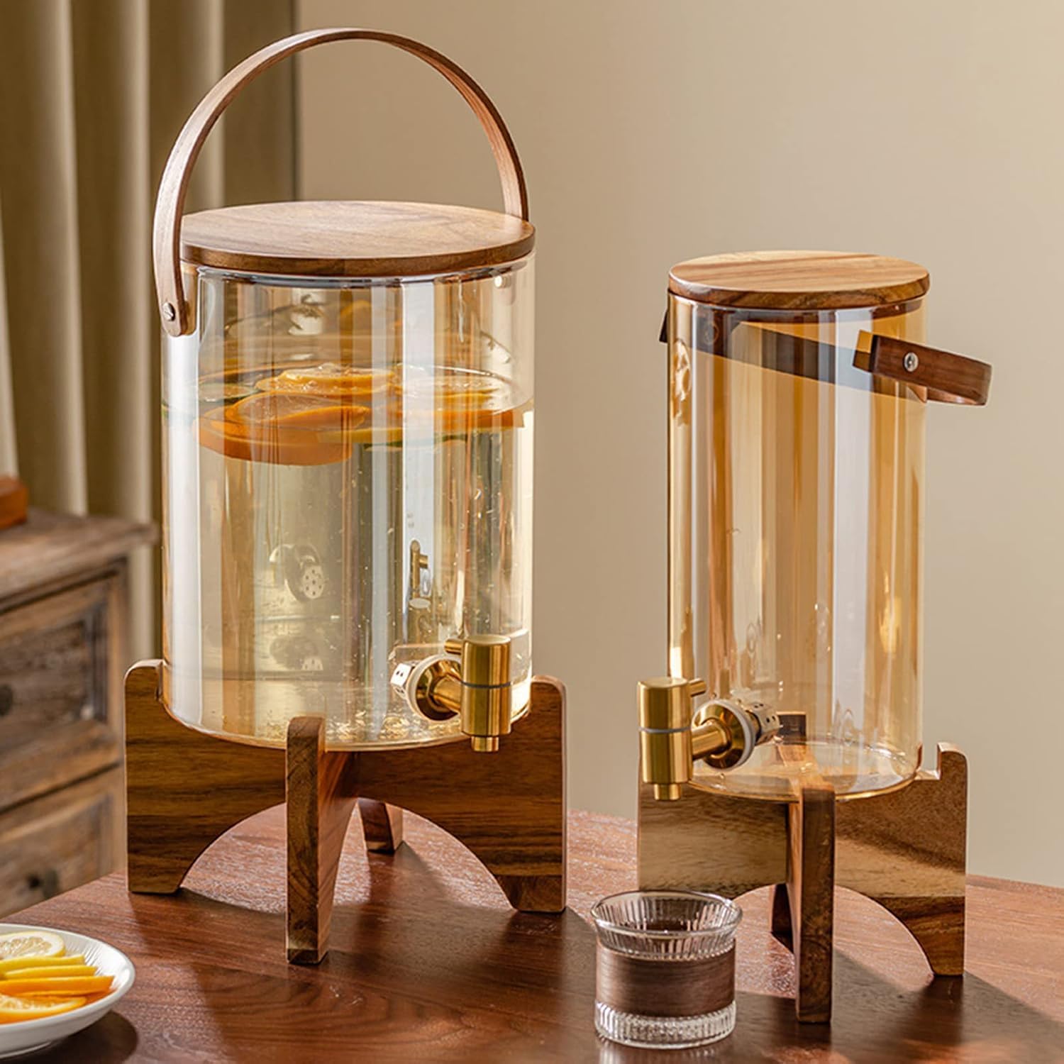 Getränkespender mit Ständer, Getränkespender aus Glas, Holzständer für heiße oder kalte Getränke, 7L, ideal für Partys, Outdoor, Alltag