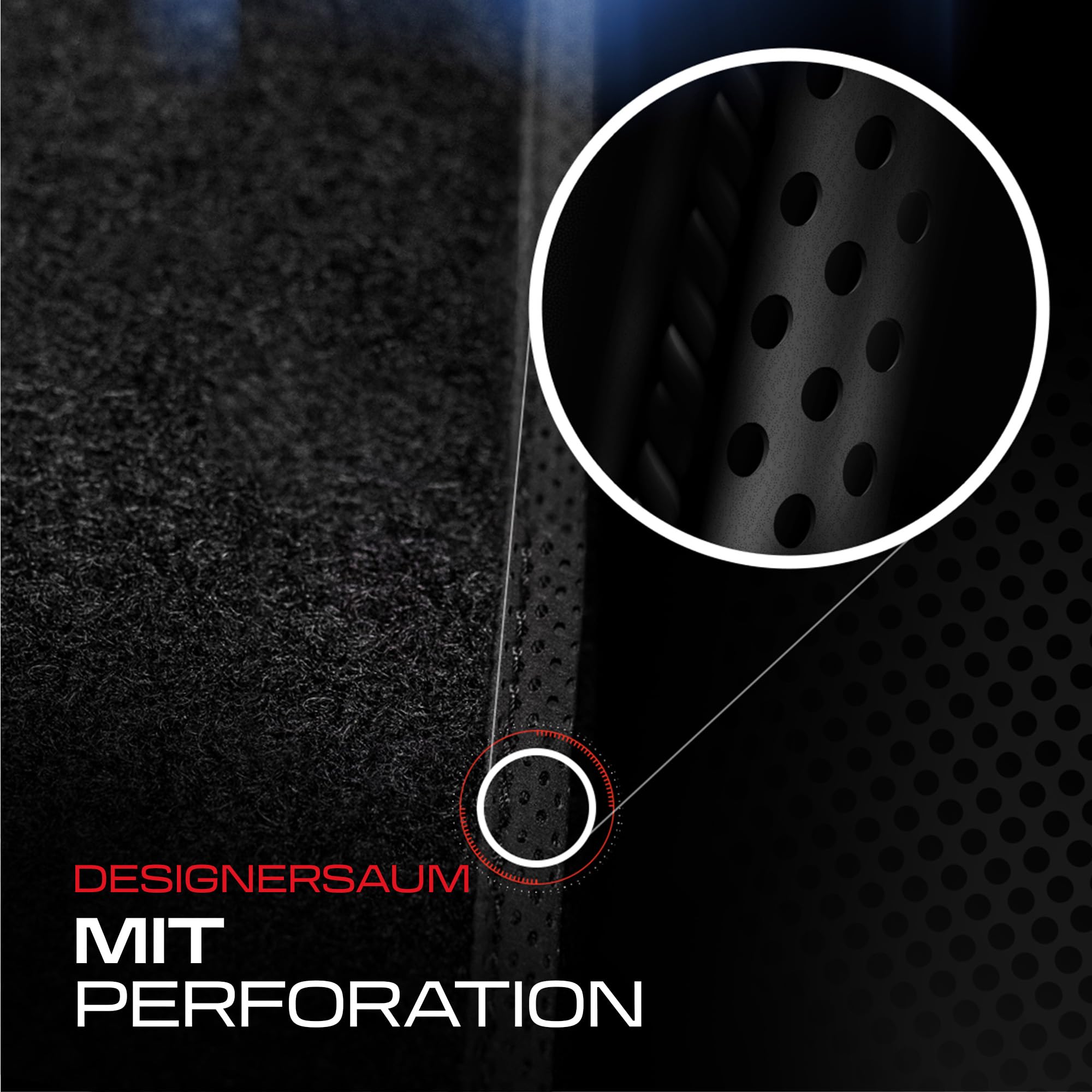PERFORMANCE Alfombras coche de velour personalizadas adecuado para SEAT Leon III 2012-2020 - Standard, Perforado, azul, cian y rojo -Bordado CNC preciso, ribete perforado de diseño, alfombrillas de co