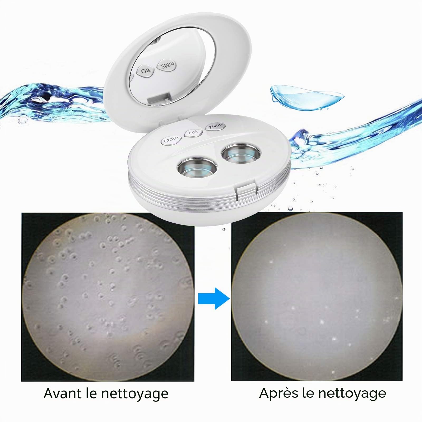 BlumWay Nettoyeur de lentilles de contact à ultrasons avec chargeur USB, lentille souple jetable Fit, lentille dure, lentille de contact, lentille colorée, lentille RGP & OK （Blanc）