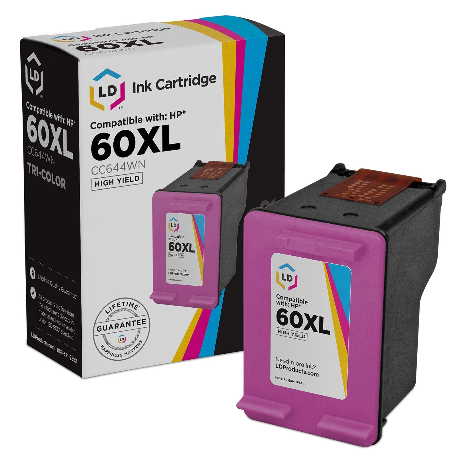 LD Remanufactured Replacement Ink Cartridge for Hewlett Packard CC644WN (HP 60XL) High-Yield Tri-Color