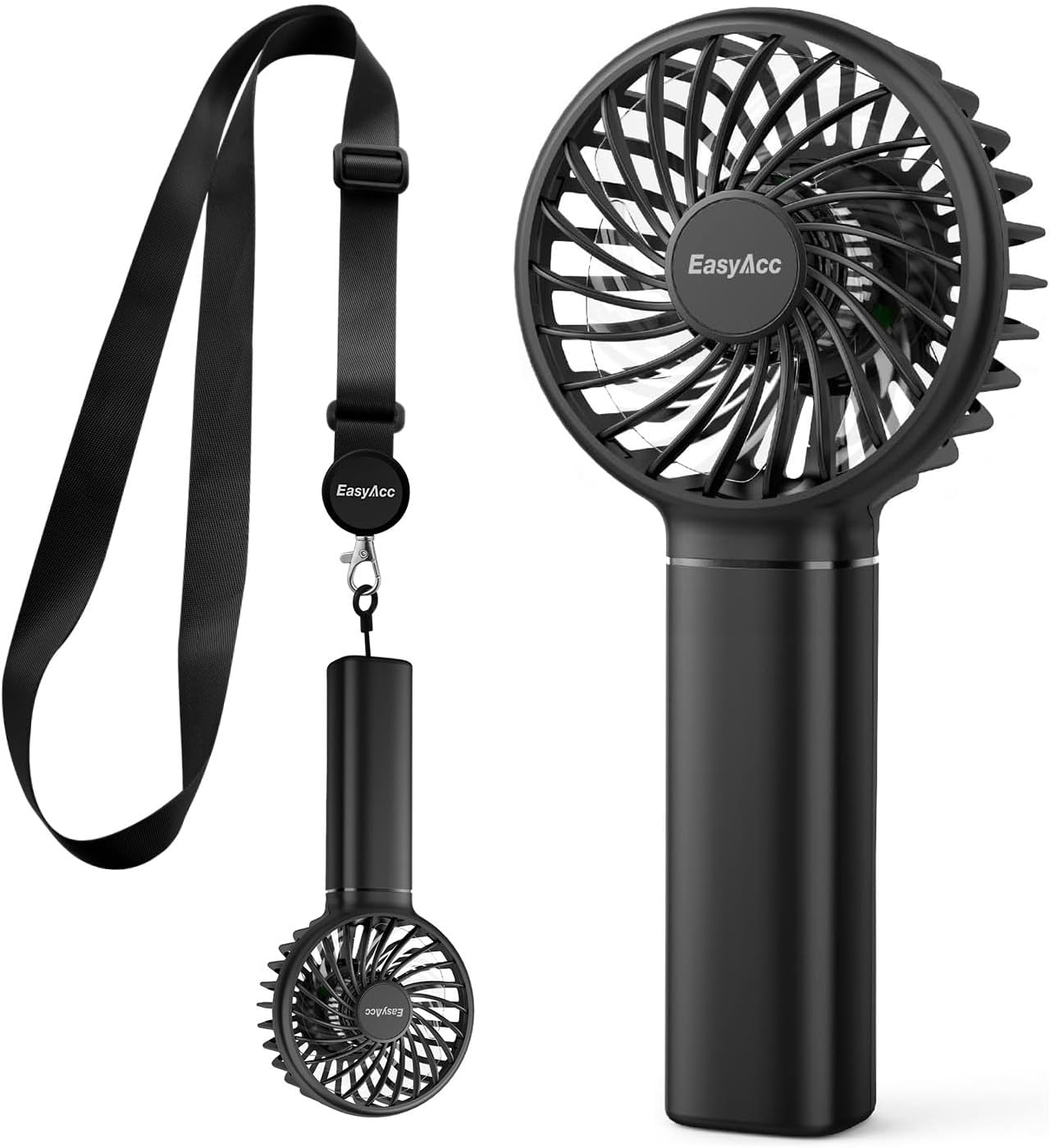 EasyAcc Mini Handheld Fan, Powerful Desk Fan 3000mAh Up to 15Hours with Lanyard & Detachable Base 3 Speed USB C Rechargeable Portable Fan Quiet Personal Pocket for Kids Girl Women Travel Home-Black