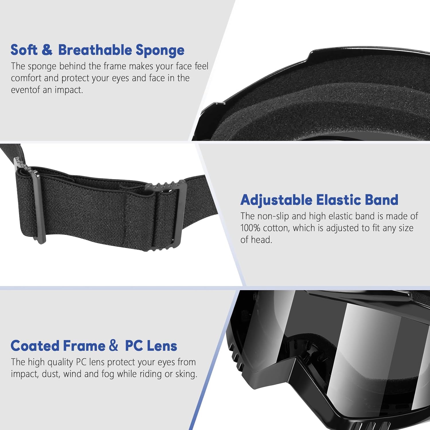 Snow motorcycle goggles, windproof glasses, wide field of view, anti fog, anti dust, 2-piece set of transparent lenses