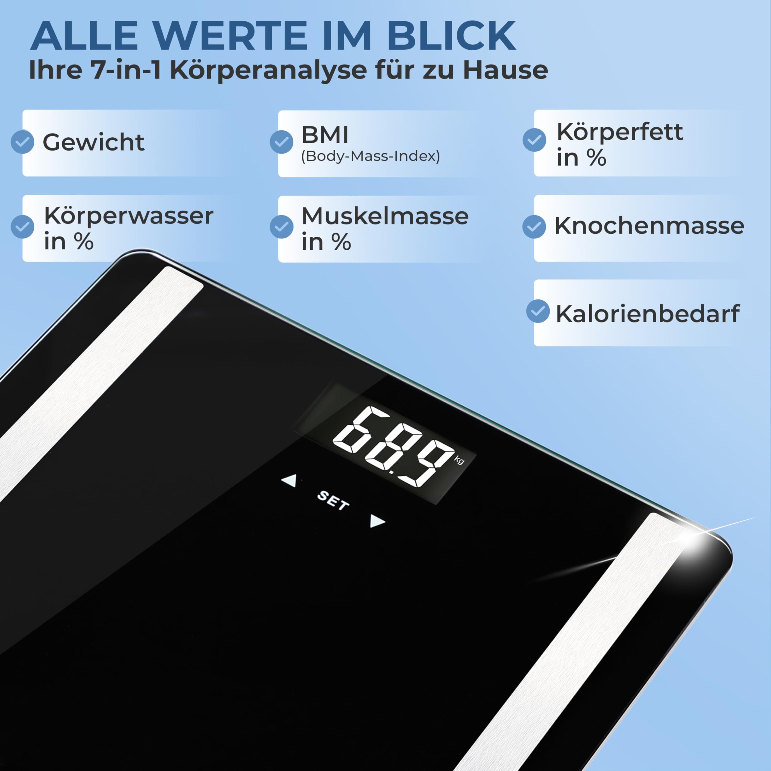 MONZANA® Personenwaage Digital BIA Analyse Waage Körperfett Muskelmasse für 10 Nutzer-Profile Große Trittfläche 30x30cm Fitness Körperwaage bis 180kg