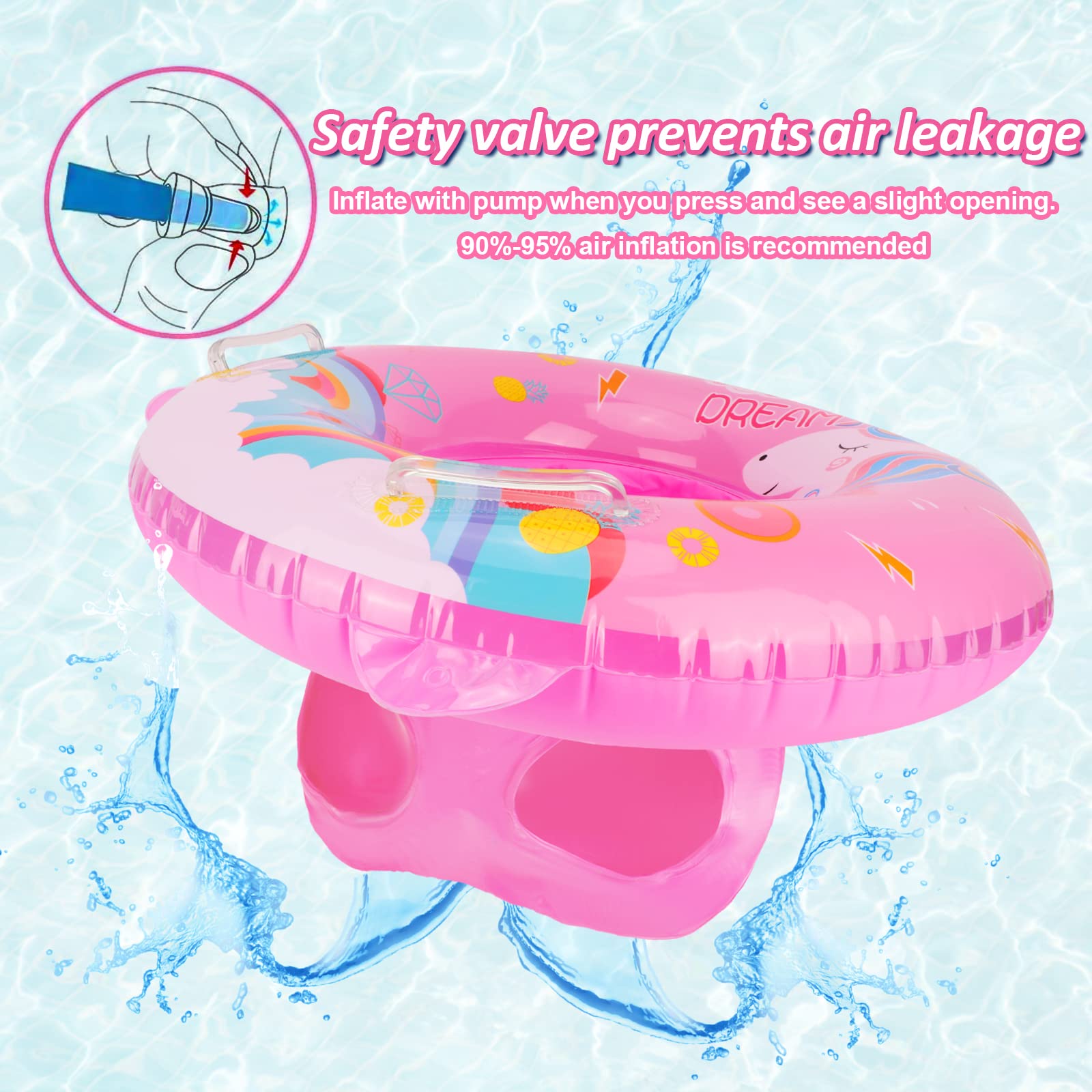 Anello di Nuoto del Fumetto,Unicorno Salvagente Neonato Galleggiante Gonfiabile del Bambino Dell'anello di Nuoto del Baby Float Salvagente con Seggiolino and Gonfiatore Bambini Piscina Giocattolo,Rosa
