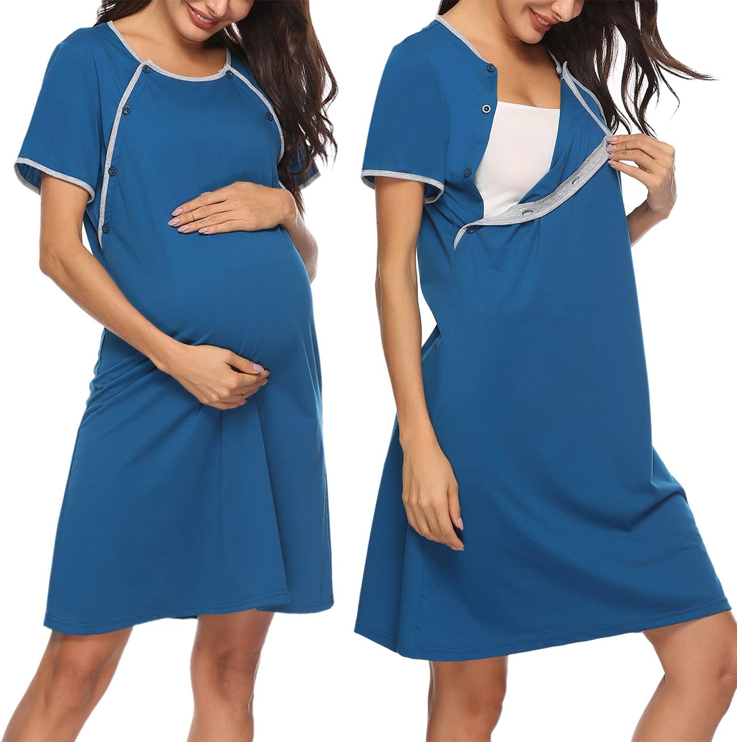 Women's Maternity Nightdress Breastfeeding Nightwear Short Sleeve Nursing Nightgown Button Down Sleep Shirt V Neck Pajama Tops Soft Loungwear for Pregnant Women