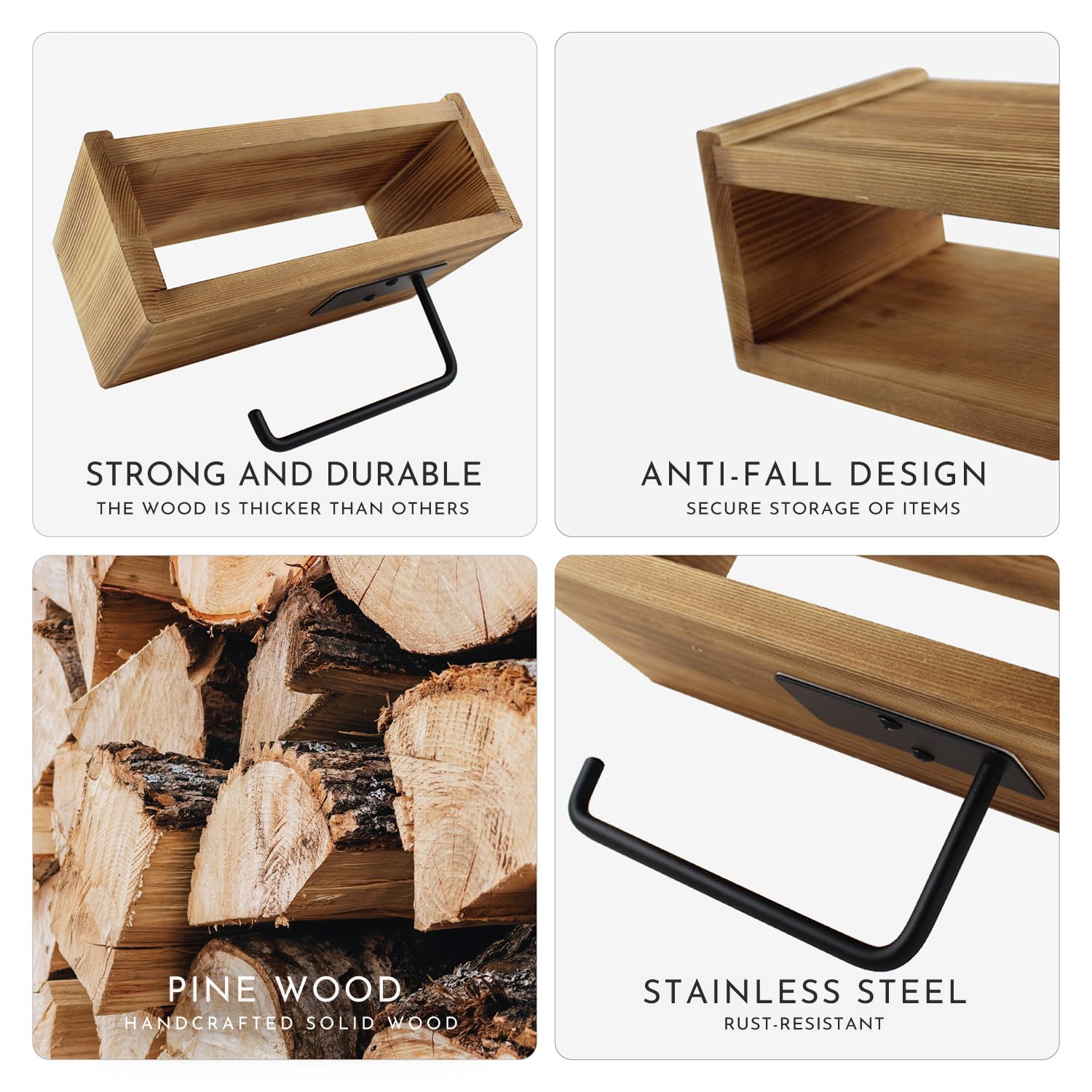 Toilet Paper Holder with Shelf Wall Mount, Rustic Toilet Paper Storage for Wet Wipes, Wood Bathroom Shelves with Black 304 Stainless Steel Hook