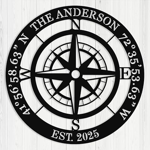 Personalized Compass Metal Sign - Custom Coordinates Nautical Wall Art - Nautical Decor Rustproof Outdoor Decor - Compass Rose Design - Unique Housewarming present for Home, Garden, or Cabin