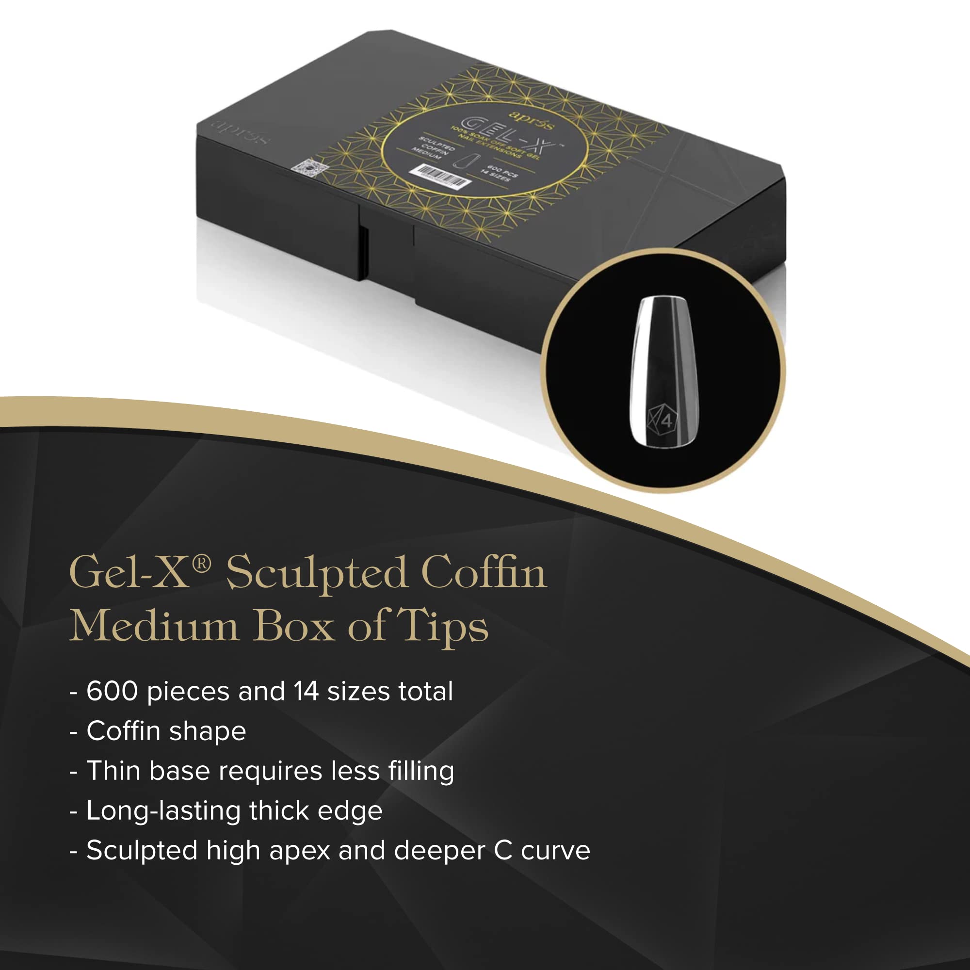 Apres Nail Gel-X Sculpted Coffin Medium Box of Tips | 600 Gel-X Tips, Premium Quality, 14 Sizes 00-9 | Half-sizes Included