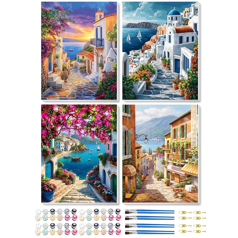 Jakener 22Paint By Number-5 4 Pack Paint By Numbers For Adults,Sea View Painting By Numbers For Adults Canvas Kits,Landscape Adult Paint By Numbers Kits With Frame,Diy Acrylic Oil Painting For Home Wall Decor 10X12 Inch