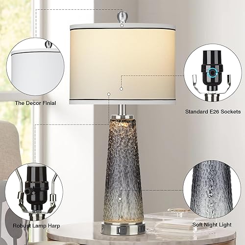 Miniatura 5 de Glass Table Lamp Set of 2, 26" Modern Table Lamps with USB A+C Ports & AC Outlet, Touch Control Bedside Nightstand Lamp with LED Night Light for