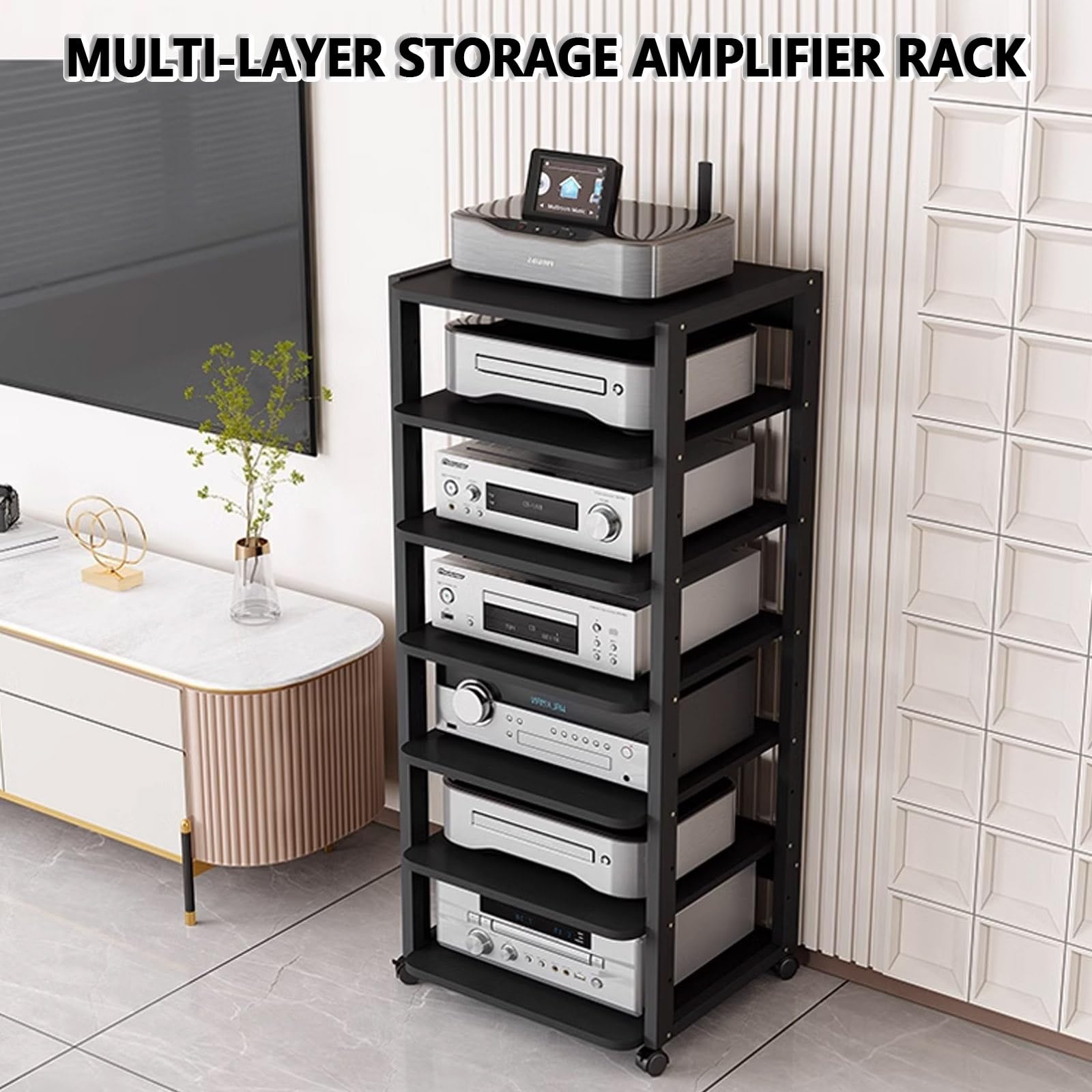 Moderno supporto audio video per camera da letto e soggiorno, scaffale multi-strato, supporto girevole con contenitore, mensola per proiettore, organizer per amplificatori.