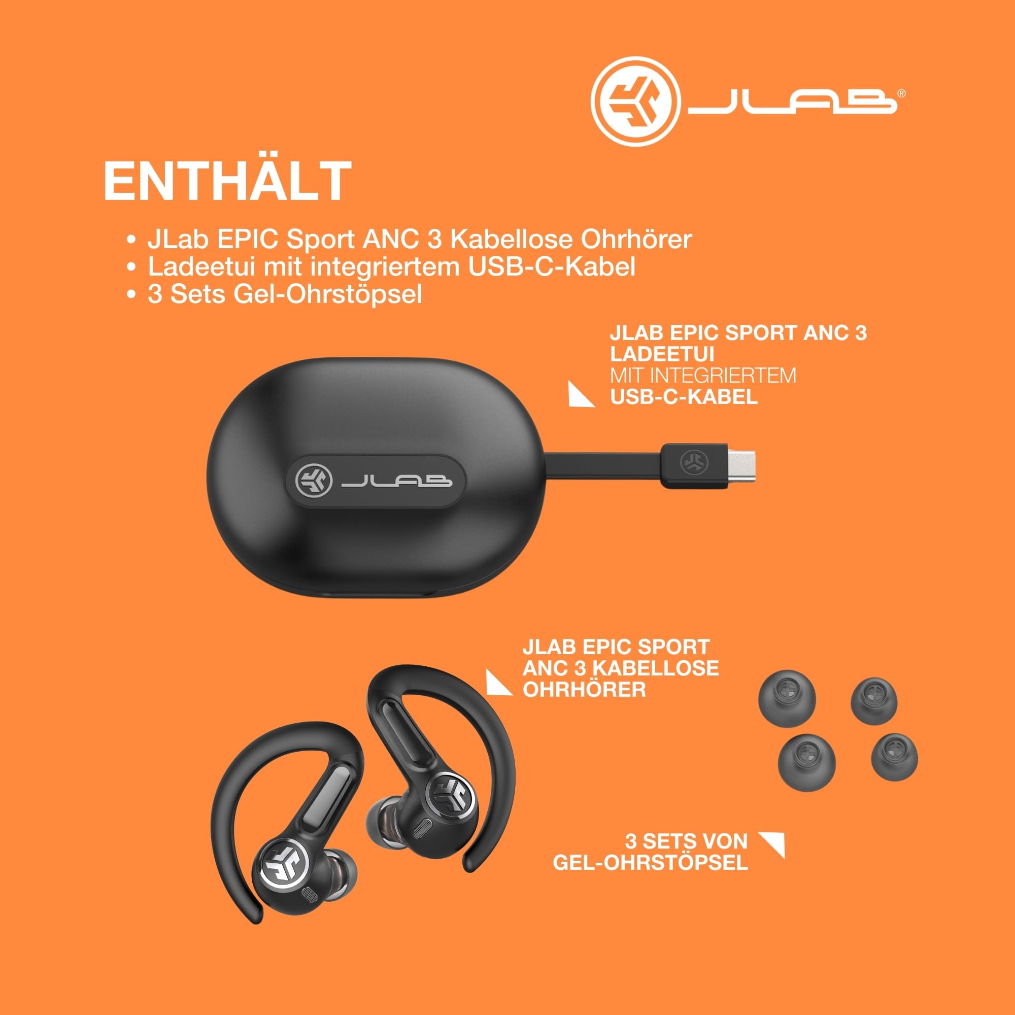 JLab Epic Air Sport Gen 3 ANC Kopfhörer In Ear - Bluetooth 68+ Std. | Sportkopfhörer, Noise Cancelling True Wireless kabellos mit Bügel, IP66-schweißresistent, USB-C-Ladebox