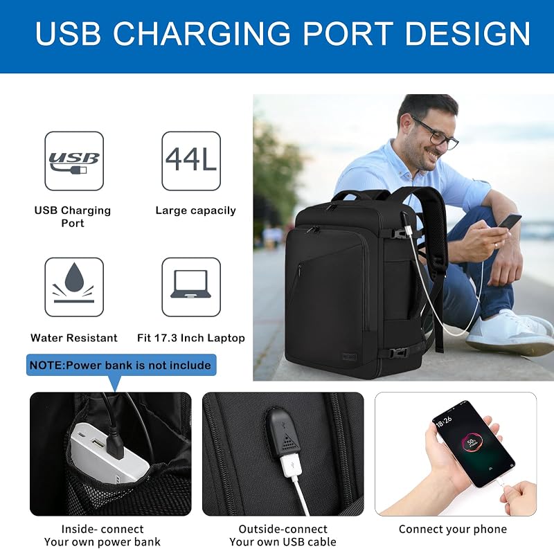 WENIG Kézipoggyász Hátizsák USB Töltőporttal - Repülőgép Ülés Alá Férő Laptop Táska Férfiaknak és Nőknek, Fekete