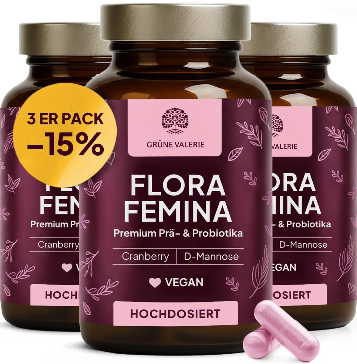 Flora Femina – Grüne Valerie® – Probiotika für Frauen mit Milchsäurebakterien – für Intimflora, Vaginal- & Darmflora – mit D-Mannose, Cranberry & Pro-/Präbiotika – Vegan & ohne Zusätze