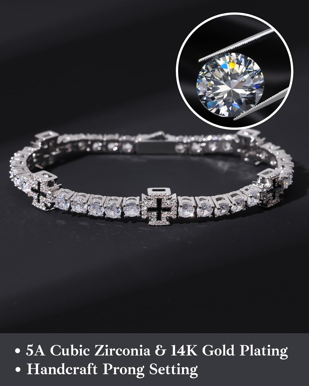 LuxeFlex Iced Out 4mm Black Cross Tennis Bracelet, Unisex White Gold Plated Sparkling 5A Cubic Zirconia Hip Hop Religious Jewelry Gift - Image 2