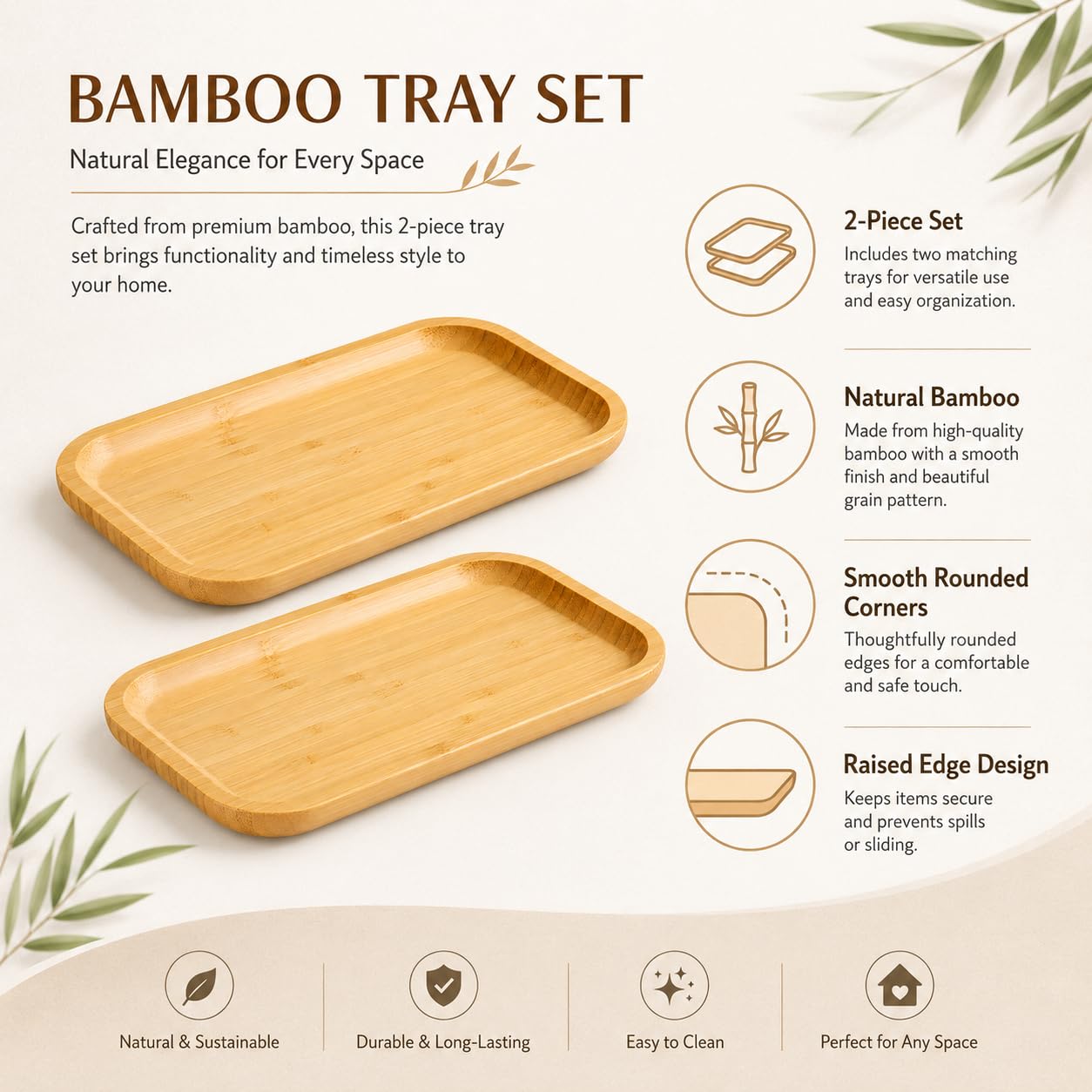 2 Pezzi Vassoio Bambù Naturale 25x14x2 cm – Mini Vassoio Multiuso per Multiuso per Dessert, Prodotti Cosmetici, Gioielli, Spuntini