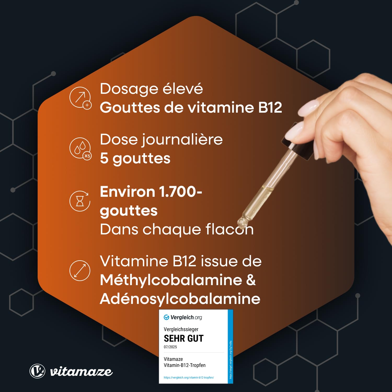Vitamine B12 Gouttes 500 mcg - Vegan -50 ml Haute Dose et Absortion - Methylcobalamin & Adenosylcobalamin - Aide à Maintenir la Santé des Neurones et du Sang, Complément Alimentaire