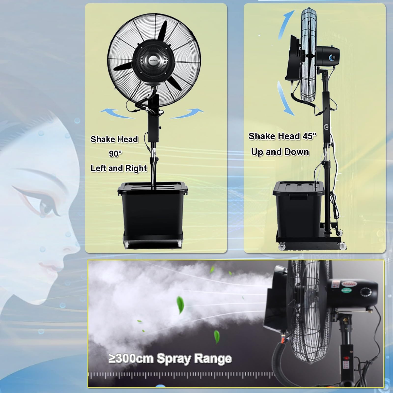Generico Sollevabile Ventilatore con Nebulizzatore, Raffrescatore ad Acqua, 26in 30in Ventilatori a Piantana Fan Potente Industriale 90º Oscillante con Serbatoio e Ruote(320W/26in)