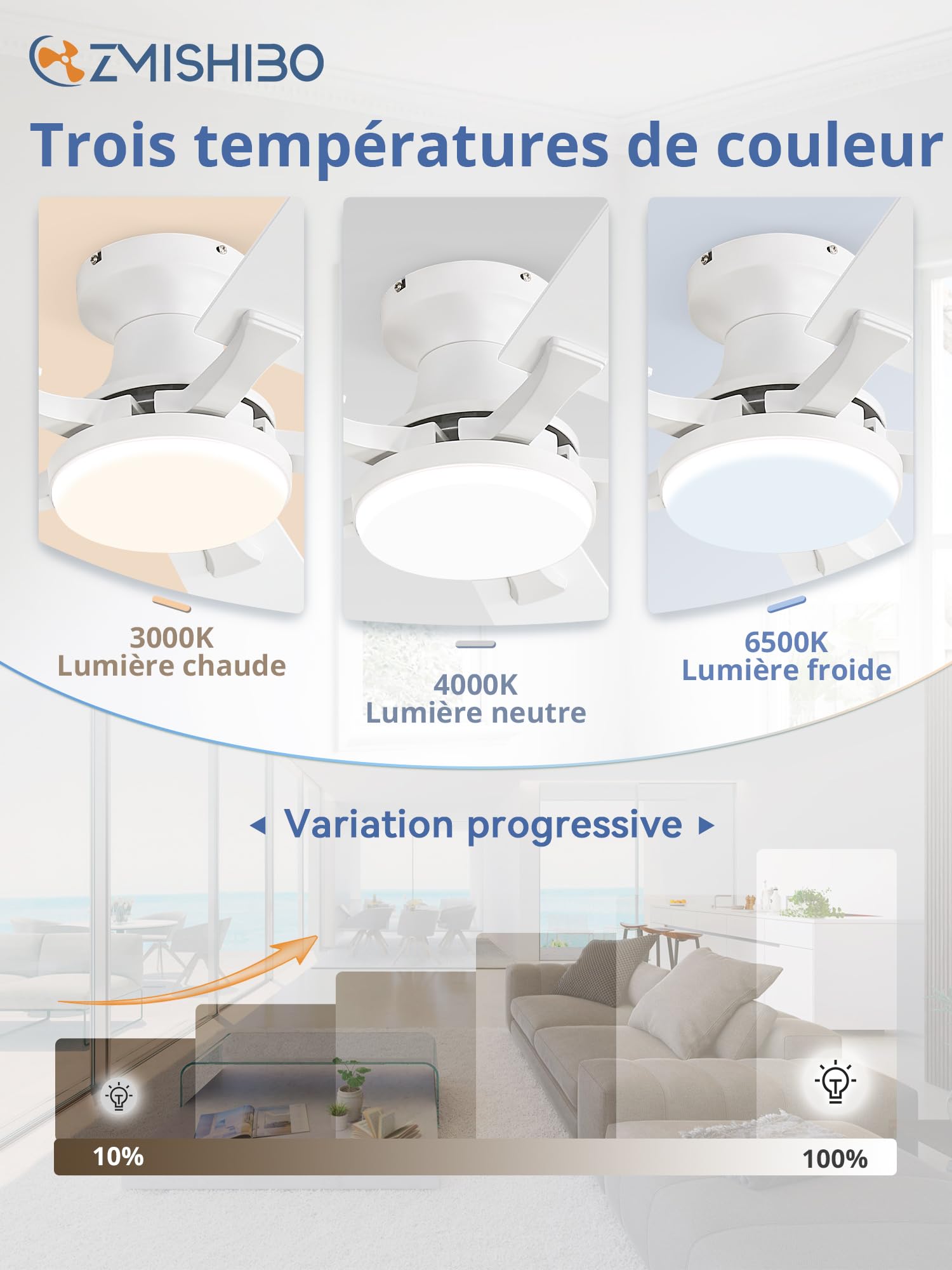 ZMISHIBO Ventilateur de Plafond avec Lumière 132 cm, Ventilateur Silencieux avec Télécommande et App, Plafonnier Ventilateur Design Plat, LED 20W Dimmable, Moteur DC Réversible, Blanc/Bois