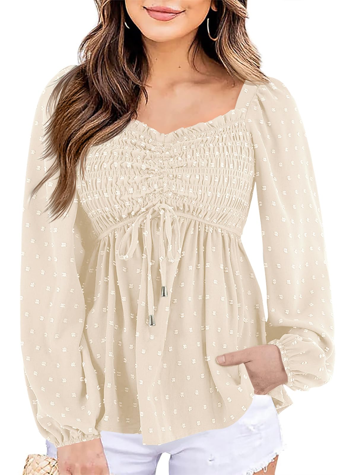 Imysty Womens V Neck Smocked Peplum Tops Balloon Long Sleeve Swiss Dot Ruched Blouses Shirt