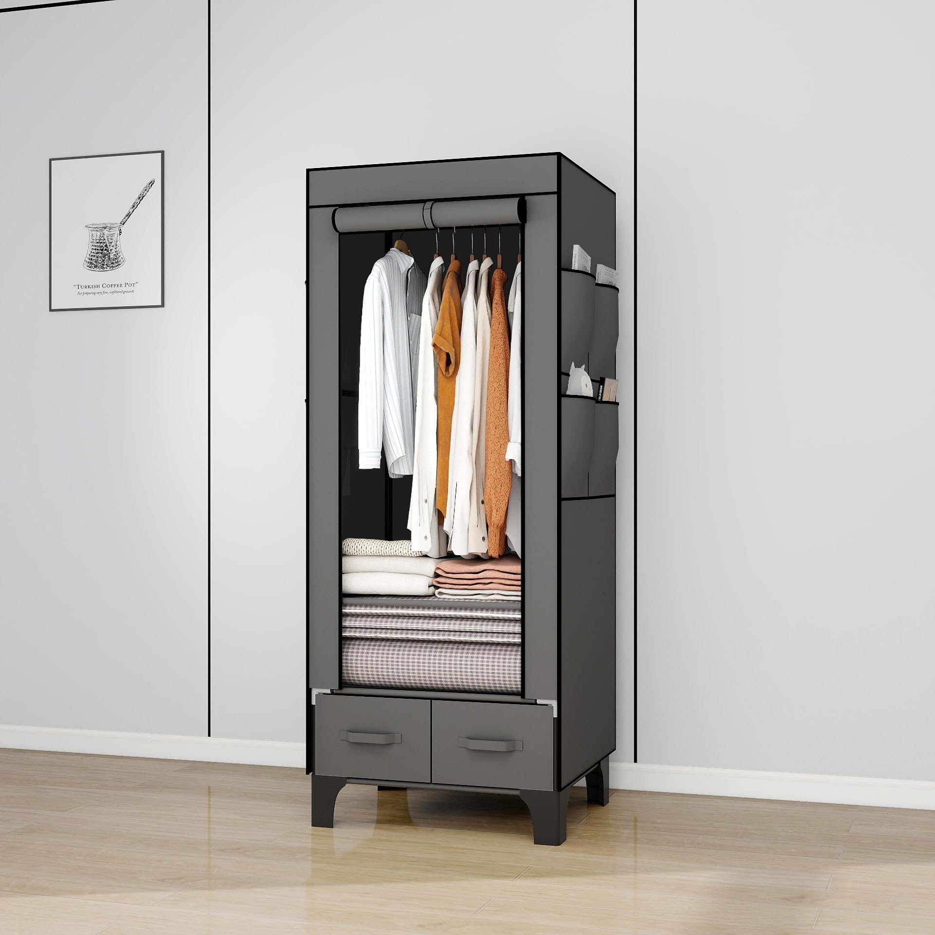 OPPAIYA Armadio in tessuto sottile, robusto, piccolo con 2 cassetti, armadio pieghevole con 8 tasche laterali e copertura, guardaroba per campeggio e camera da letto, nero, 59 x 45 x 160 cm, nero