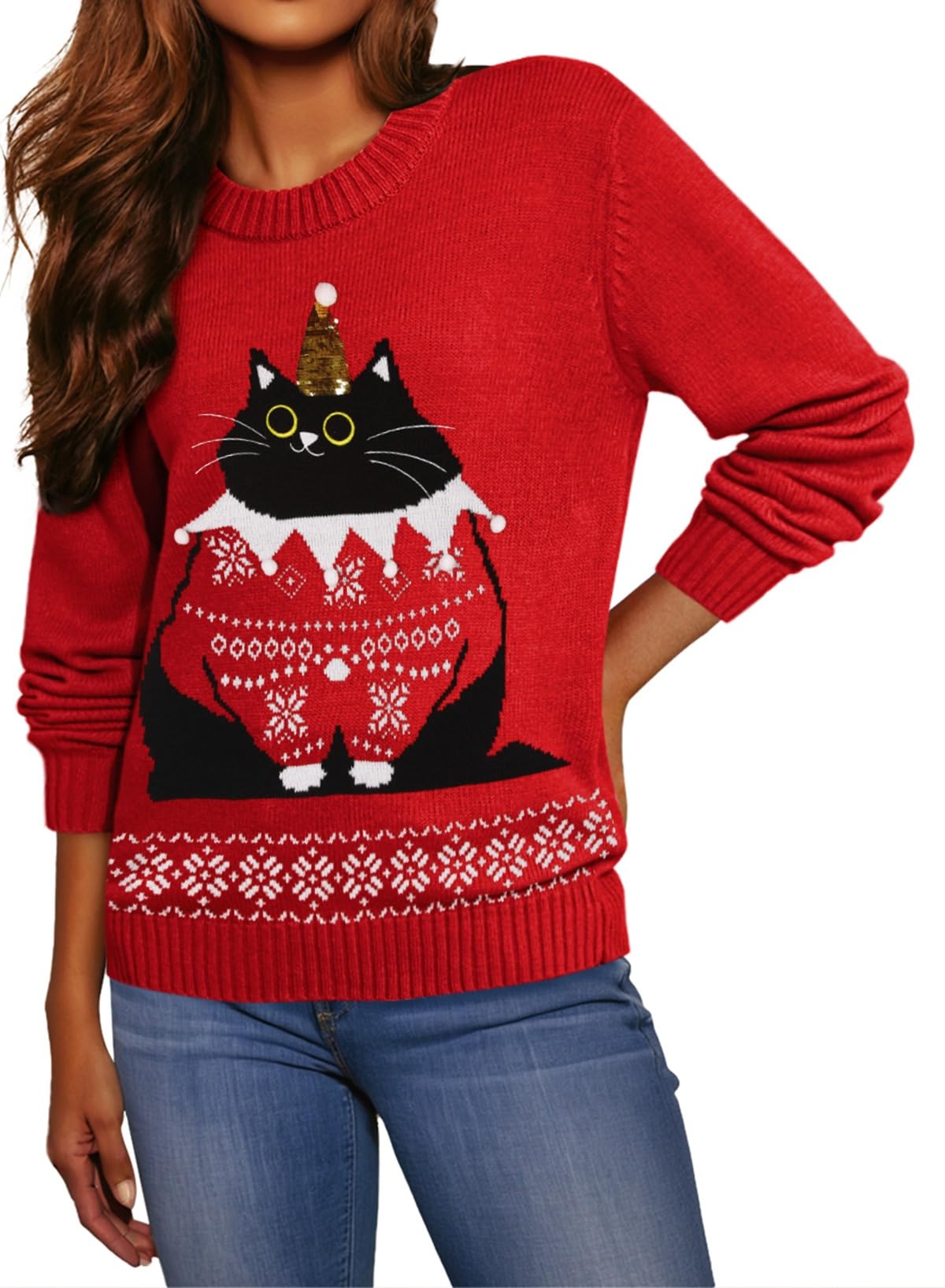 Pink Queen Women's 2025 Ugly Christmas Sweater Long Sleeve Knitted Pullove Xmas Jumpers Tops: Small Red - Xmas Cat