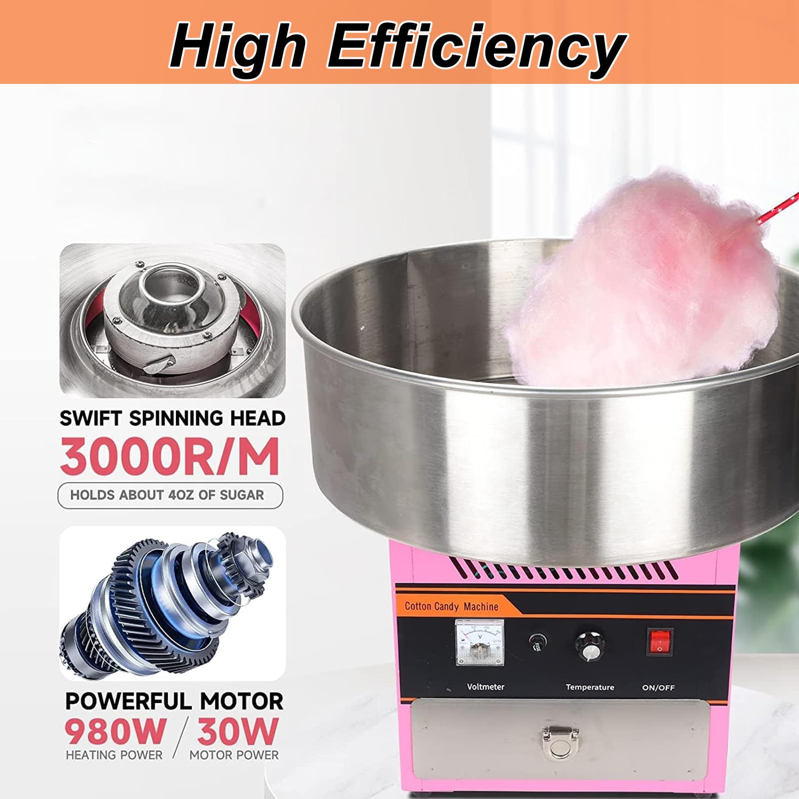 Máquina de Algodón de Azúcar Comercial, Máquina Eléctrica de Algodón de Azúcar de 1000W, Máquina Profesional de Algodón de Azúcar de Acero Inoxidable con Cajón de Almacenamiento para Reuniones