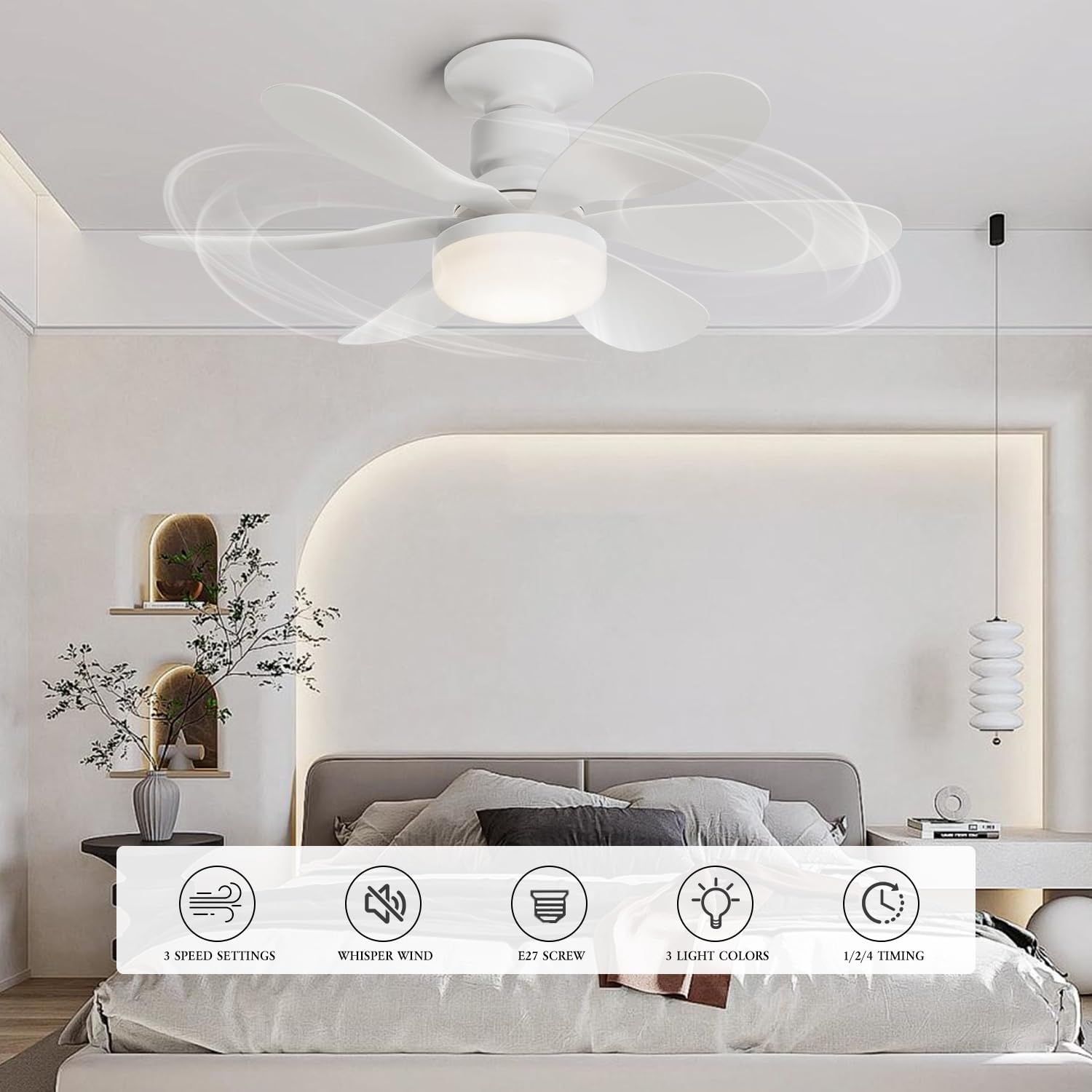 Huaerle Socket Fan Light with Remote Portable Ceiling Fans with Lights 3 Speeds 3 Colors Led Fan Lights for Bedroom Living Room (White)