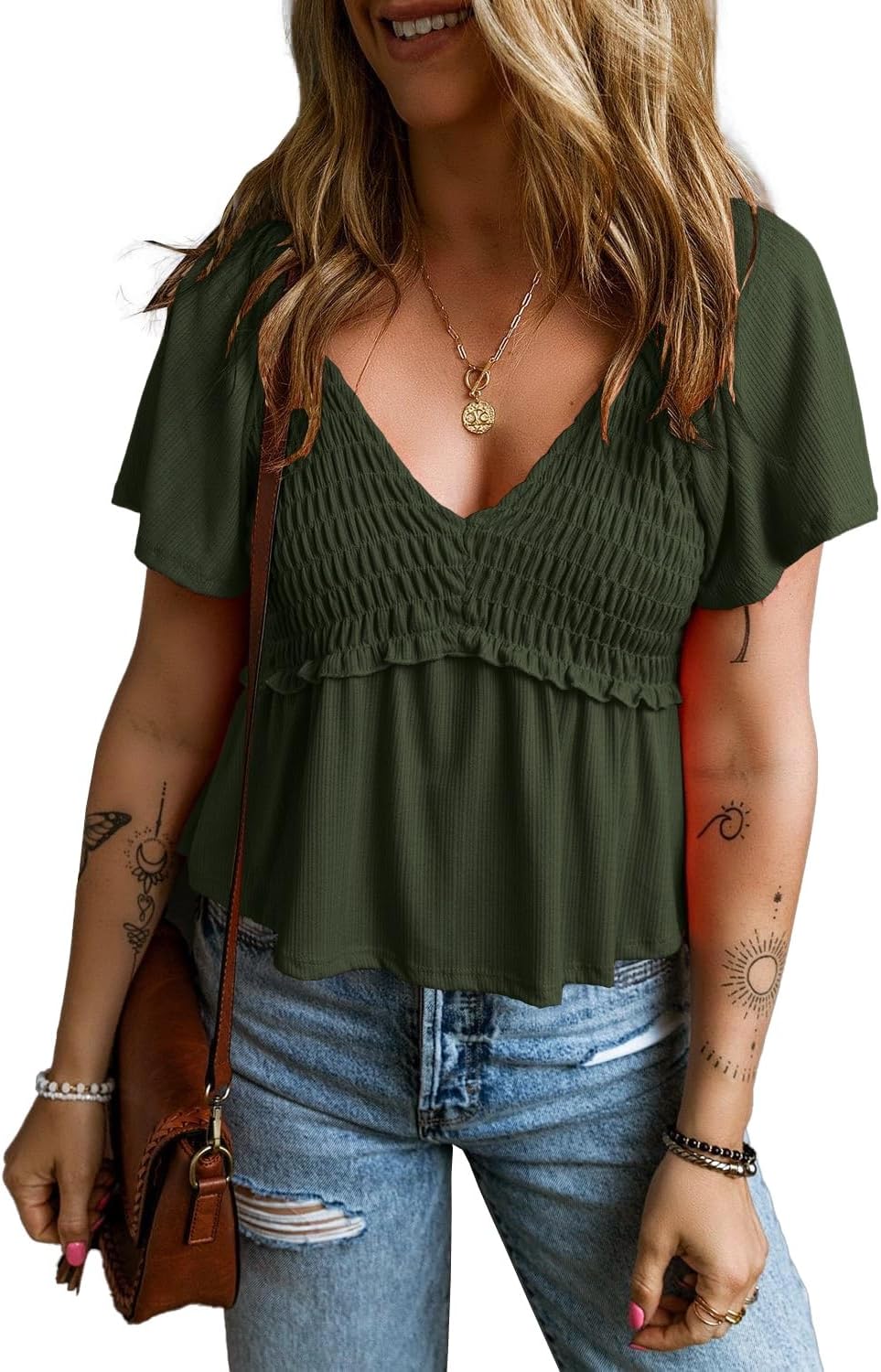 Womens Casual Short Flutter Sleeve Blouses Summer V Neck Pleated T Shirts - Image 2