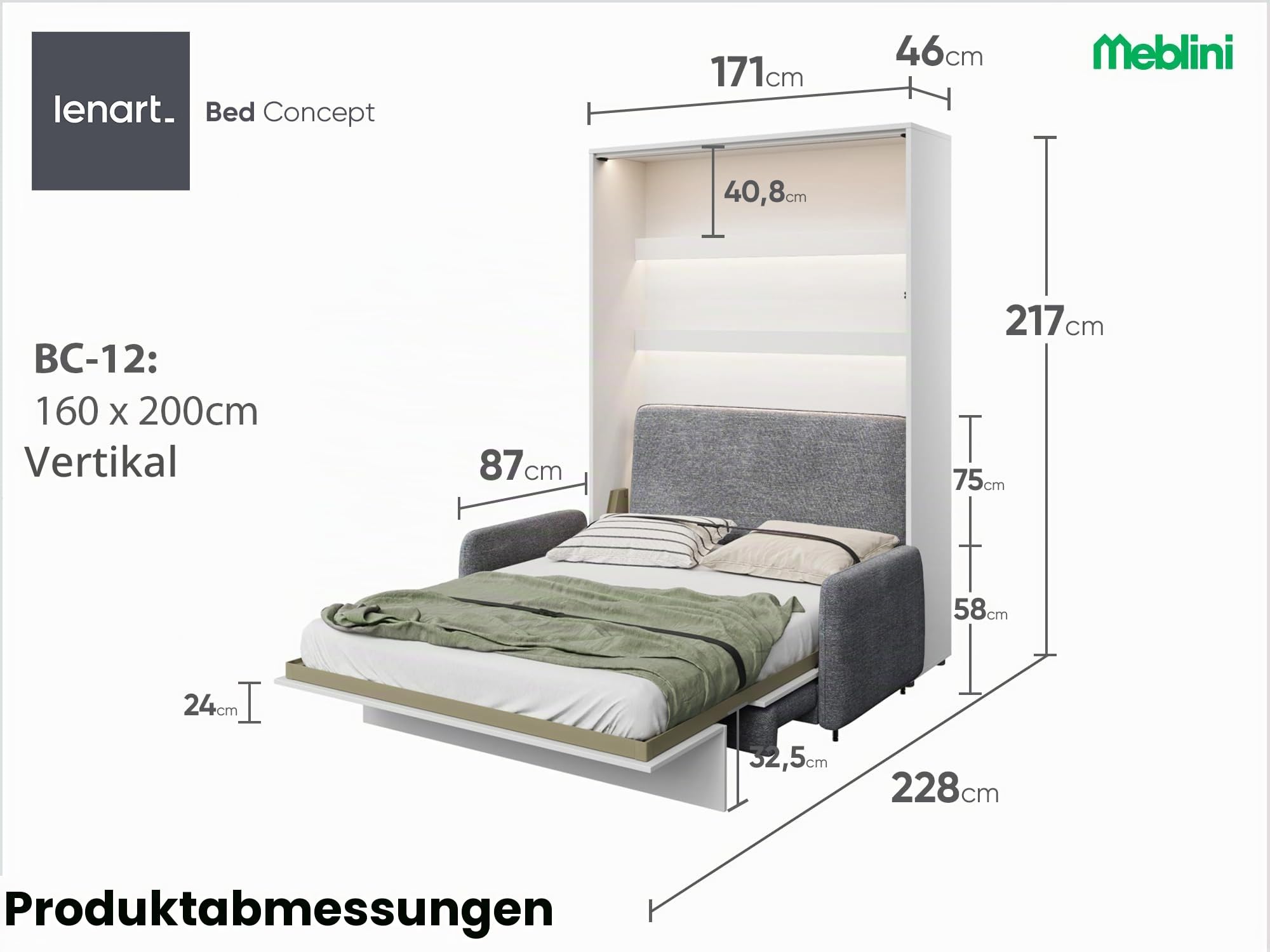 MEBLINI Schrankbett mit Sofa Bed Concept - Wandbett mit Lattenrost - Klappbett mit Schrank - Wandklappbett - Murphy Bed - BC-12-160x200cm Vertikal - Weiß Hochglanz/Dunkelgrau