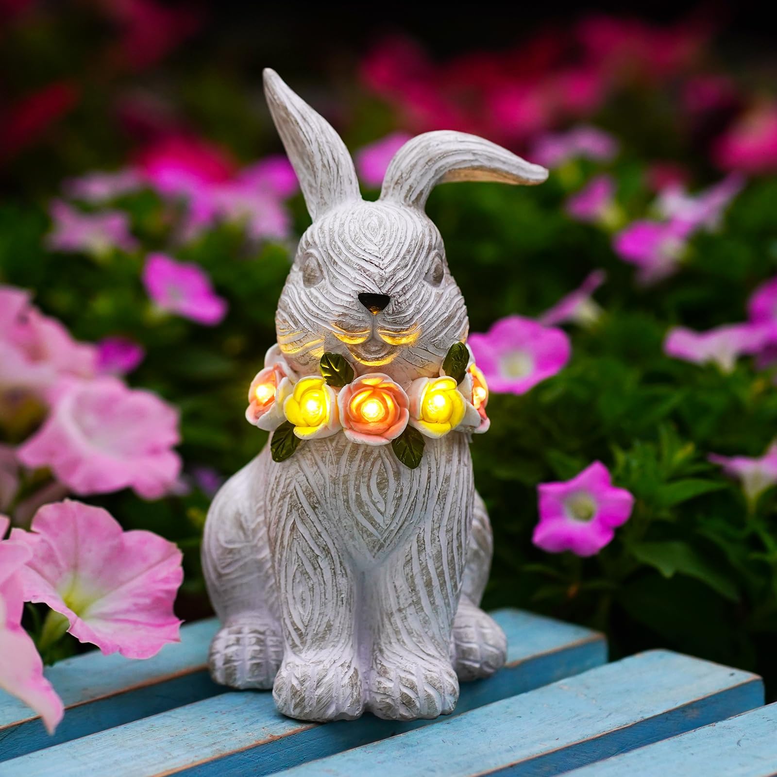 Goodeco Solar Wreath Rabbit Resin Statue With Light Up Flowers, Garden Ornaments Outdoor Decoration, Unique Gift Ideal for Holiday/Birthday/Housewarming/Mother's Day
