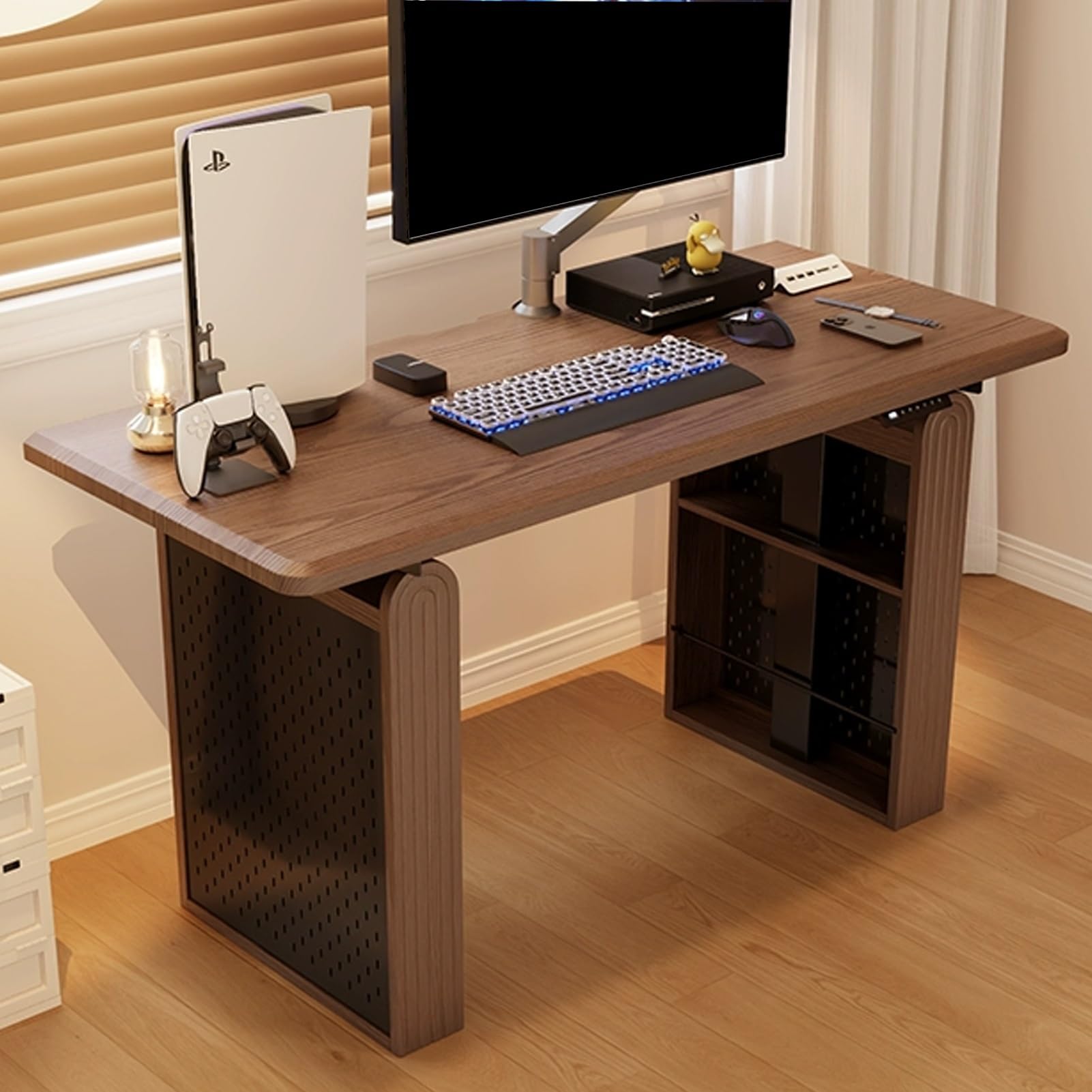 MYUYEE Jkghk Adjustable Standing Desk, Sit Stand Desk With Two Pegboard Storage Boards, Stand Up Desk With 3 Height Memory Buttons, For Home And Office (Brown-55In)