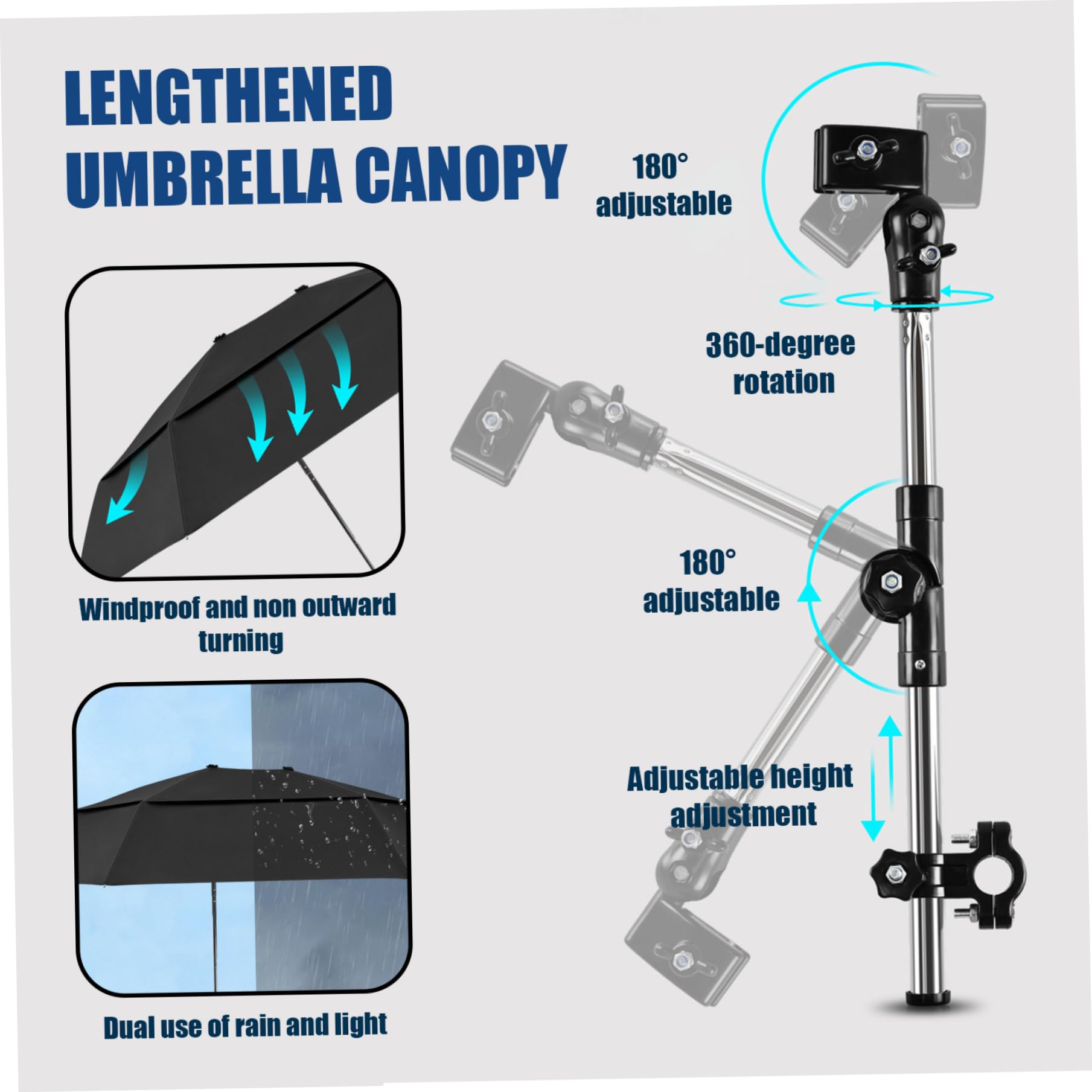 Paraguas para silla con abrazadera ajustable, protección contra la lluvia y los rayos UV, sombrilla para silla de ruedas, sombrilla extendida de doble cara 40, 9 para sillas de ruedas, cochecito, bici