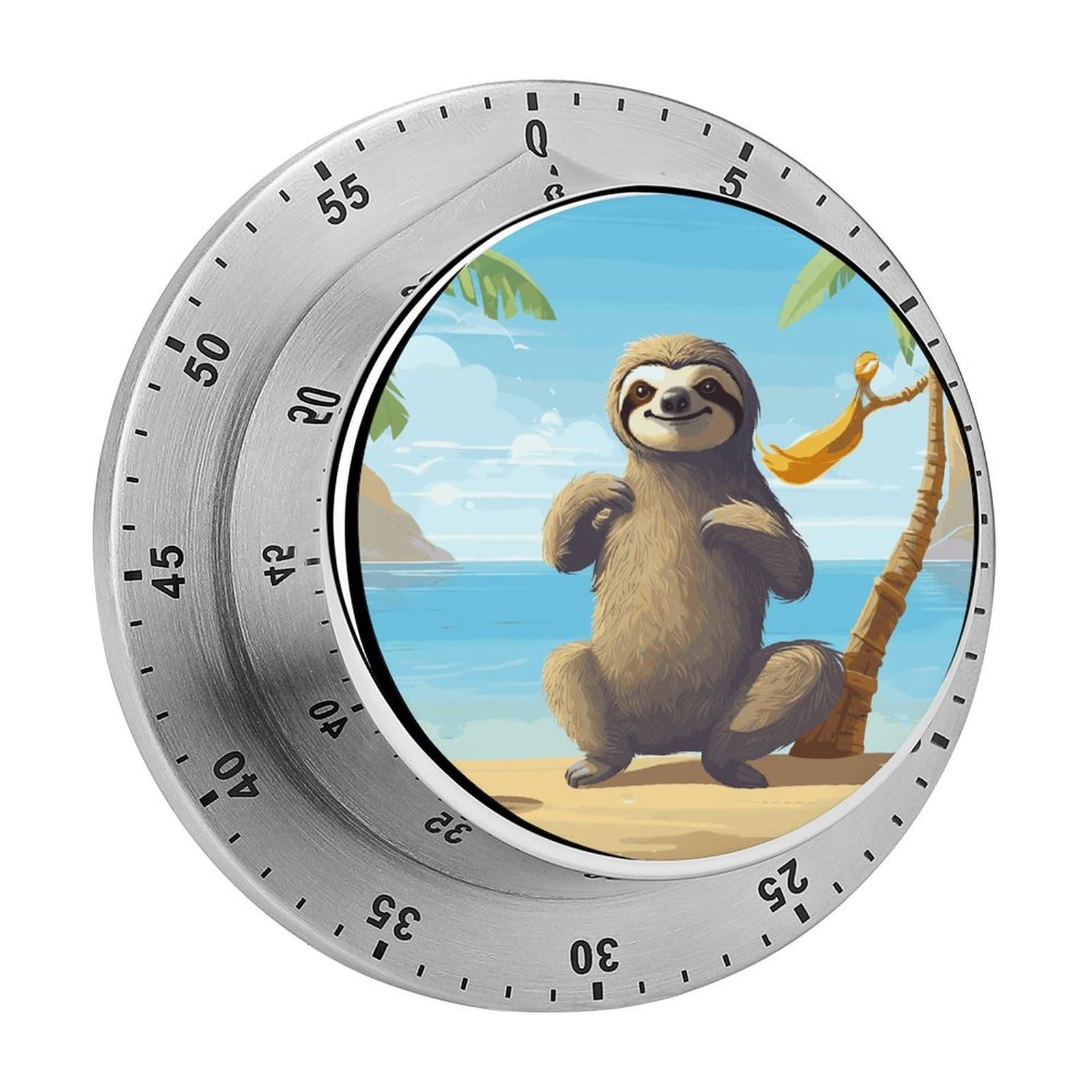Sloth on Beach Timer Loud Mechanical Timer Stainless Steel 60-Minute Kitchen Timers Waterproof Chef Cooking Timers Sport Countdown Clock Portable Countdown Alarm Adult
