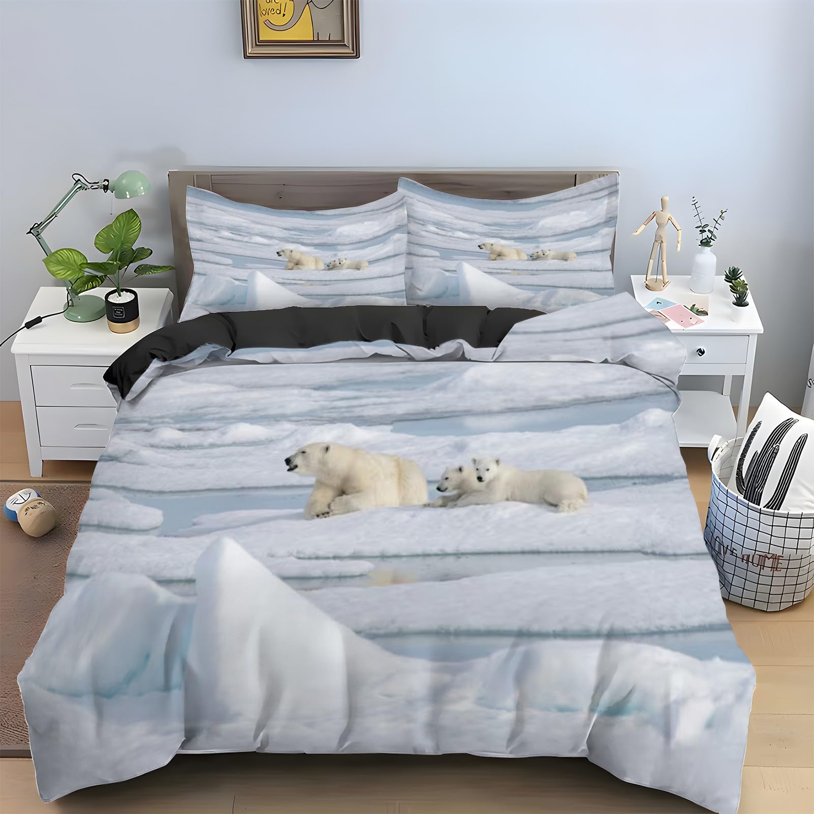 Housse de couette 240x260 ours polaire : parure de lit 2 personnes en microfibre