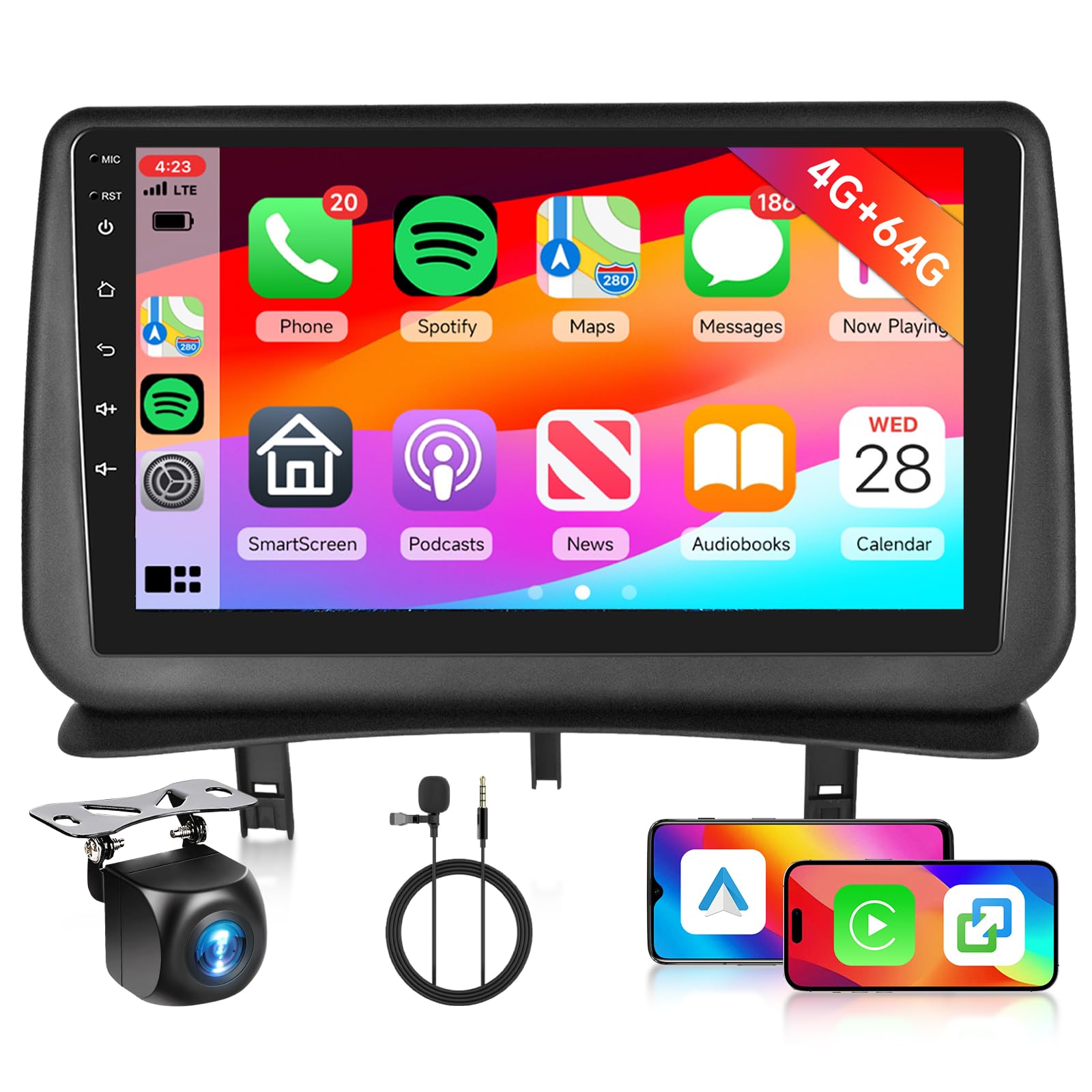 4G+64G Android Autoradio per Renault Clio 3th 2005-2014 Carplay Android Auto Wireless, Hodozzy 9 Pollici Touch Screen Auto Stereo 2 Din GPS Navigazione, WiFi, Bluetooth DSP, Radio FM/RDS+ Retrocamera